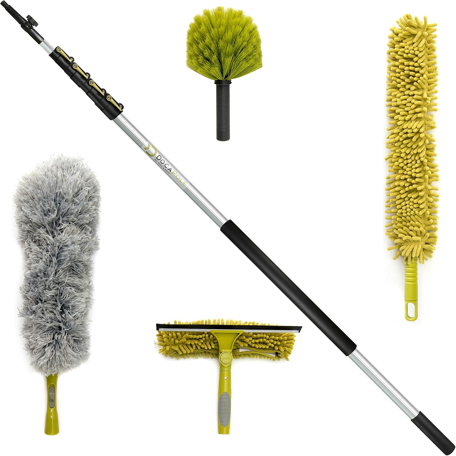 DocaPole 30 ft Reach Cleaning Kit with 6-24 Foot Telescoping Extension Pole, 3 Dusting Attachments 1 Window Squeegee & Washer, Cobweb Duster, Microfiber Feather Duster