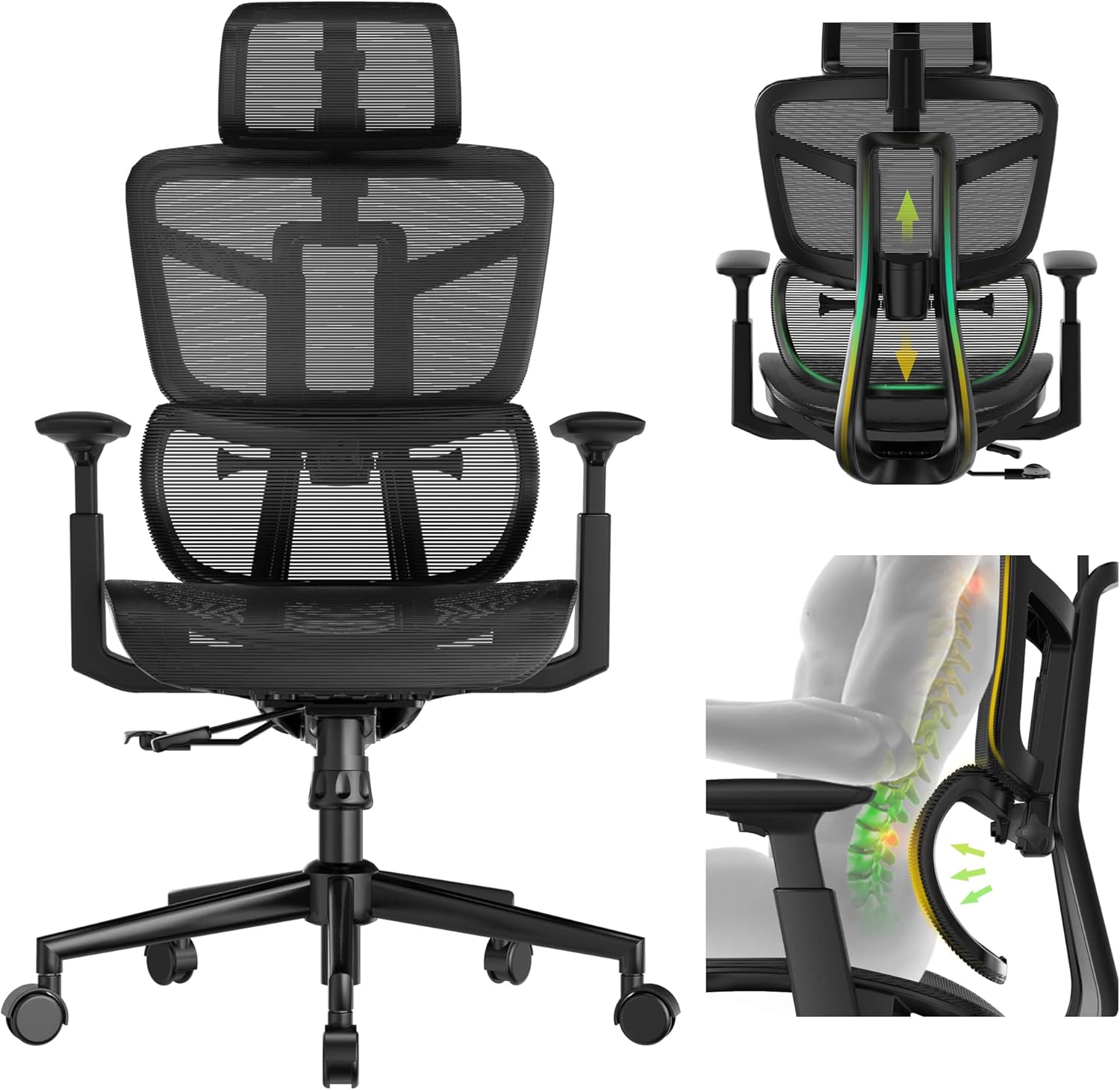 Ergonomic Office Chair, High Back Mesh Desk Chair with Liftable Backrest Armrest, 3D Adjustable Lumbar Support Headrest Computer Executive Chair
