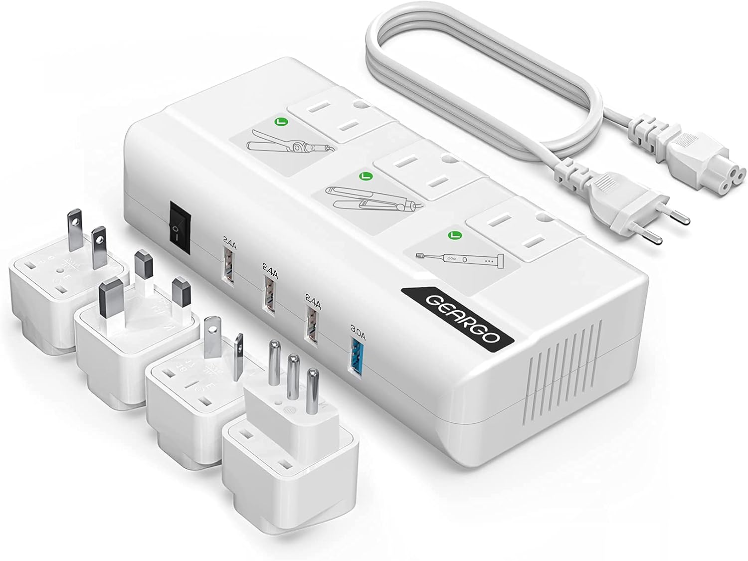 Voltage Converter, GEARGO 230W Power Converter Step Down 220V to 110V Universal Travel Adapter for Hair Straightener, Curling Iron with 4-Port USB Charging UK/AU/EU/IT/US Worldwide Plug Adapter White Pack of 2