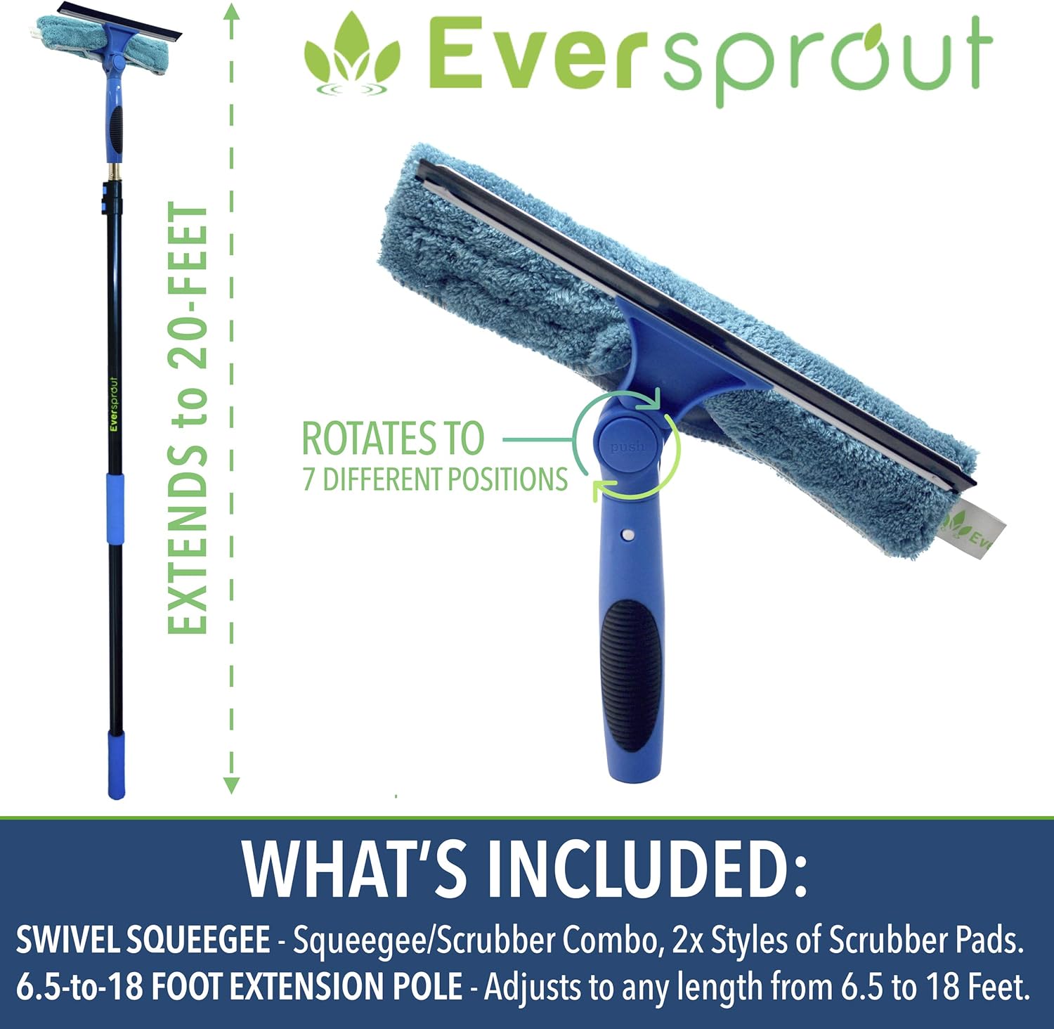 EVERSPROUT 7-to-20 Foot Swivel Squeegee and Microfiber Window Scrubber (25 Foot Reach) | 2-in-1 Window & Glass Cleaning Combo with Light Weight, Aluminum Extension Pole | Includes 10-inch Blades Pack of 2
