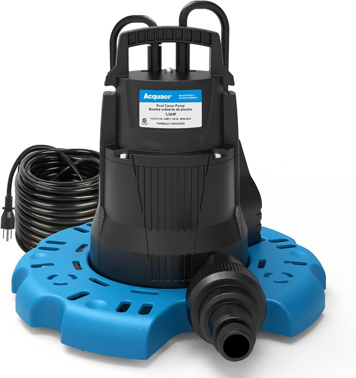Acquaer 1/4 HP Automatic Swimming Pool Cover Pump, 115 V Submersible Pump with 3/4” Check Valve Adapter & 25ft Power Cord, 2250 GPH Water Removal for Pool, Hot Tubs, Rooftops, Water Beds and more Pack of 2