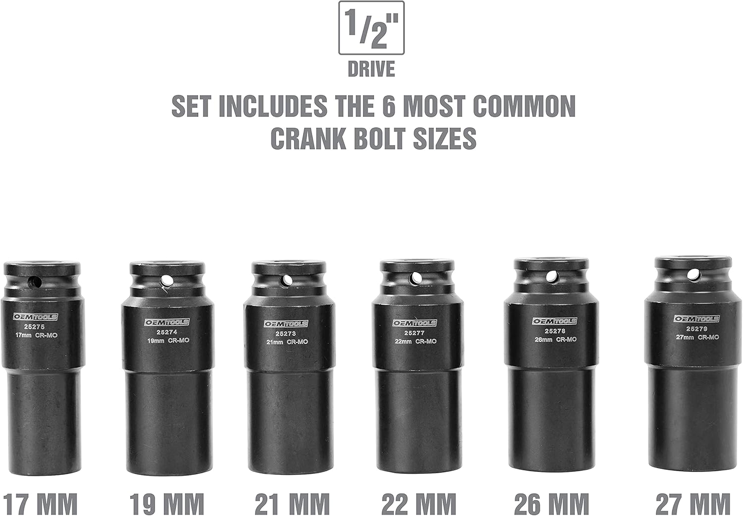 OEMTOOLS 25276 6 Pack Crank Bolt Socket Set, Metric Deep Socket Set, Crank Bolt Removal Tool, 6pt Socket Set, Impact Socket Set 1/2 Drive