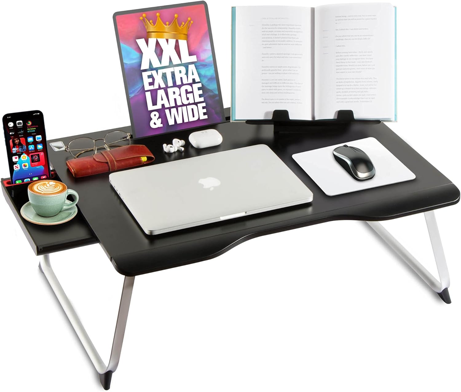 Cooper Mega Table [XXL Extra Large - Premium Build] Folding Bed Desk, Lap Desk & Laptop Table | Drawer, Book Stand, Lots of Leg Space (Black Onyx) Pack of 2