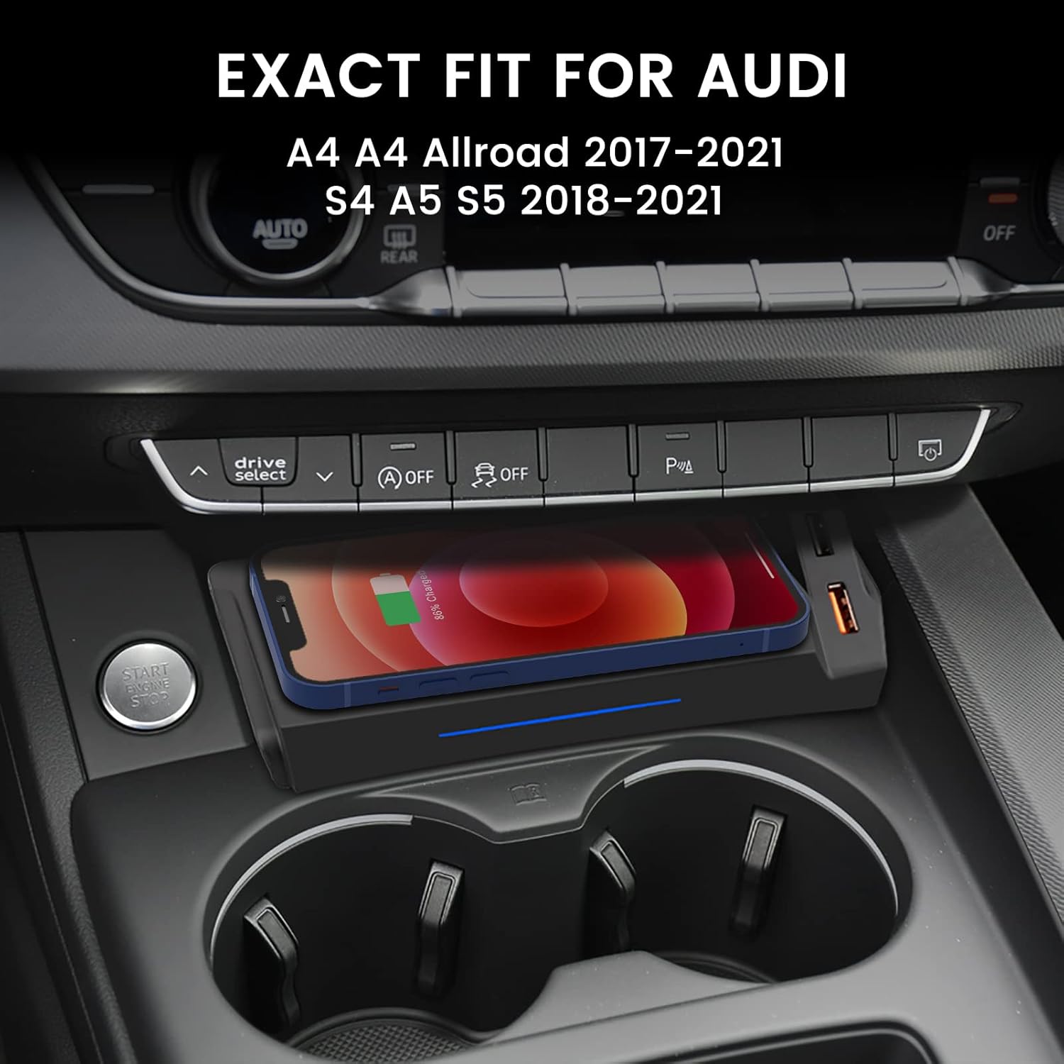 CreekT Wireless Charger for Audi A4 B8 B9 A4 Allroad A5 S4 S5 2018-2021 Center Console Accessories, Multi-Function Wireless Phone Charging with 2 USB Ports for Audi 2021 2020 2019 2018