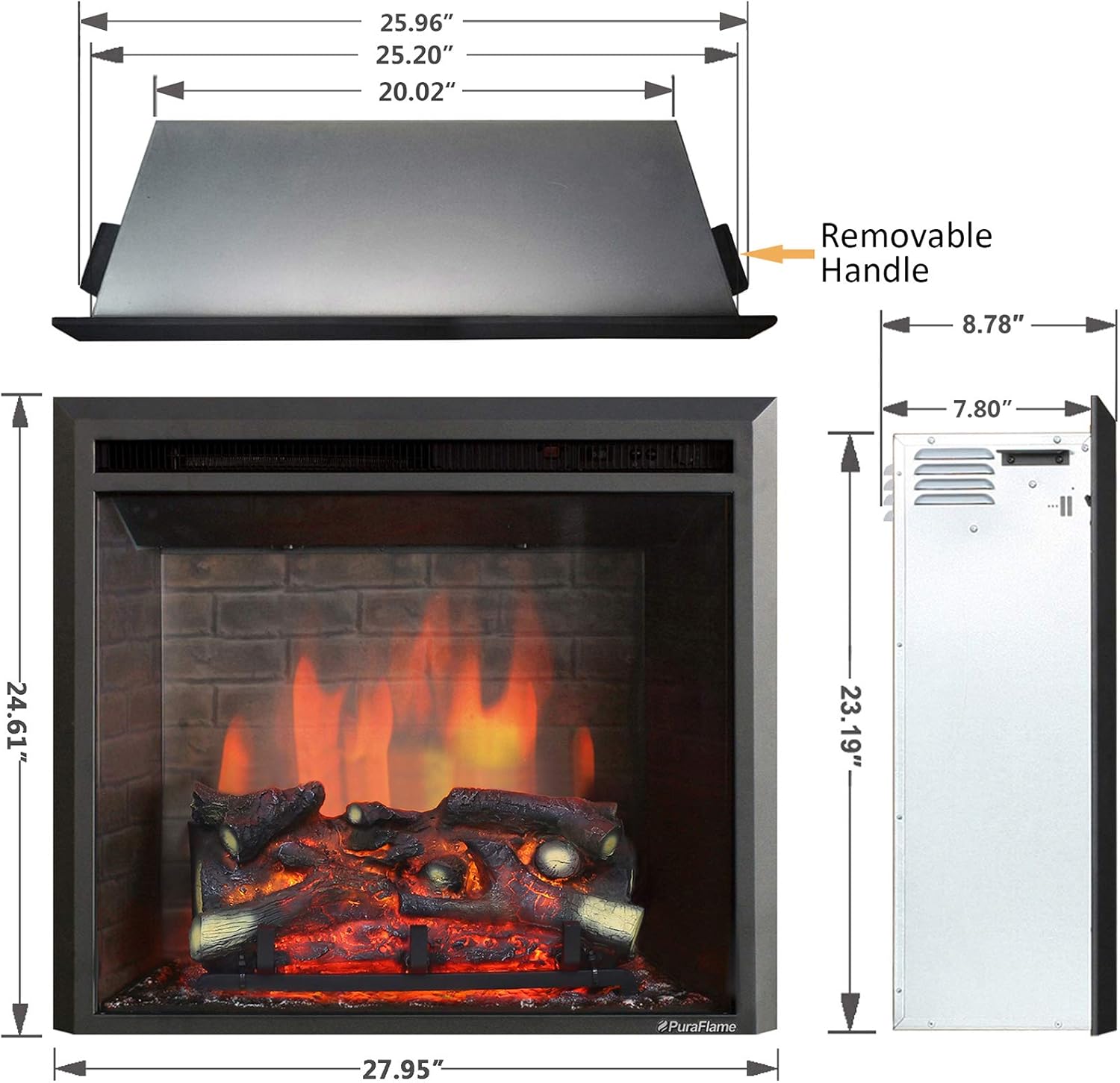 PuraFlame Western Electric Fireplace Insert with Fire Crackling Sound, Remote Control, 750/1500W, Black, 25 63/64 Inches Wide, 23 3/16 Inches High