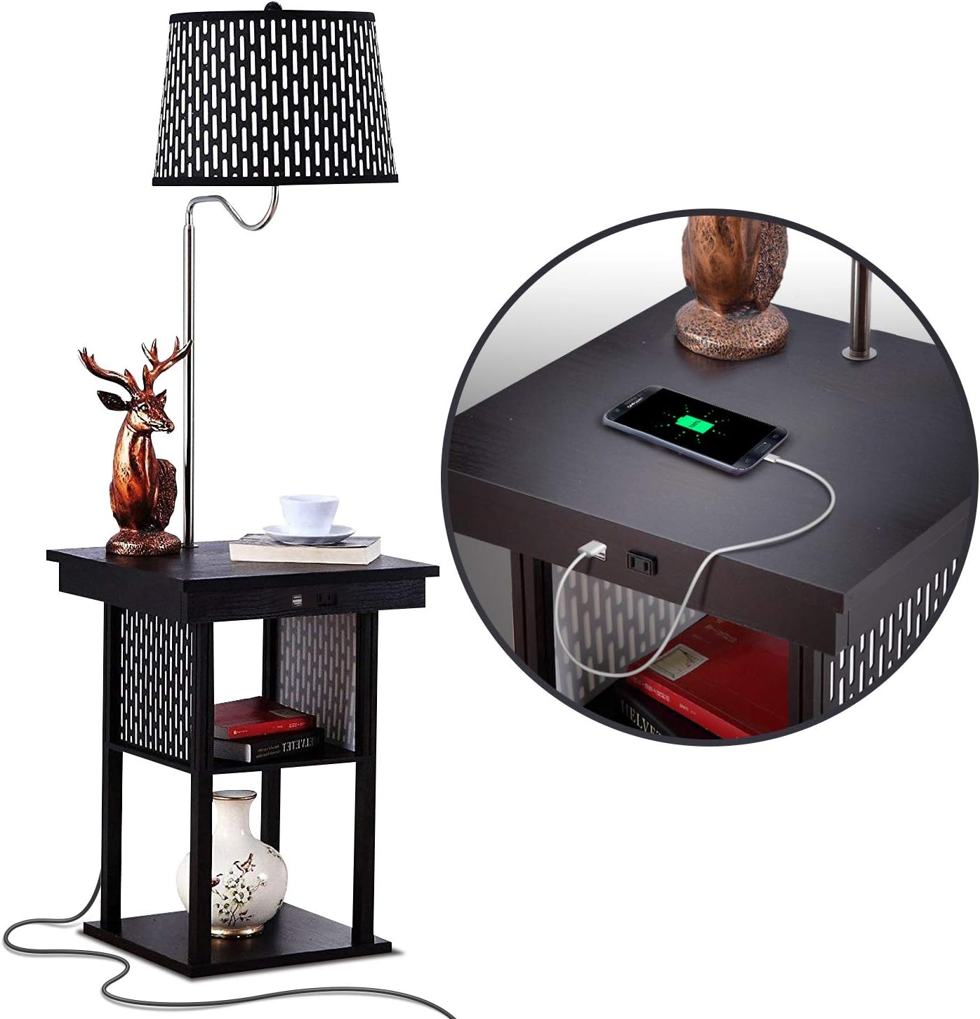 Brightech Madison - Narrow Nightstand with Built in Lamp, USB Port & Shelves for Bedrooms - Mid Century Modern End Table & Attached Floor Lamp for Living Rooms - Side Table & Reading Light - Black