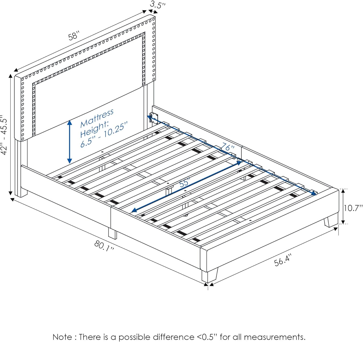 FURINNO Laval Double Row Nail Head 12PC Slat Style Bed Frame, Full, Glacier