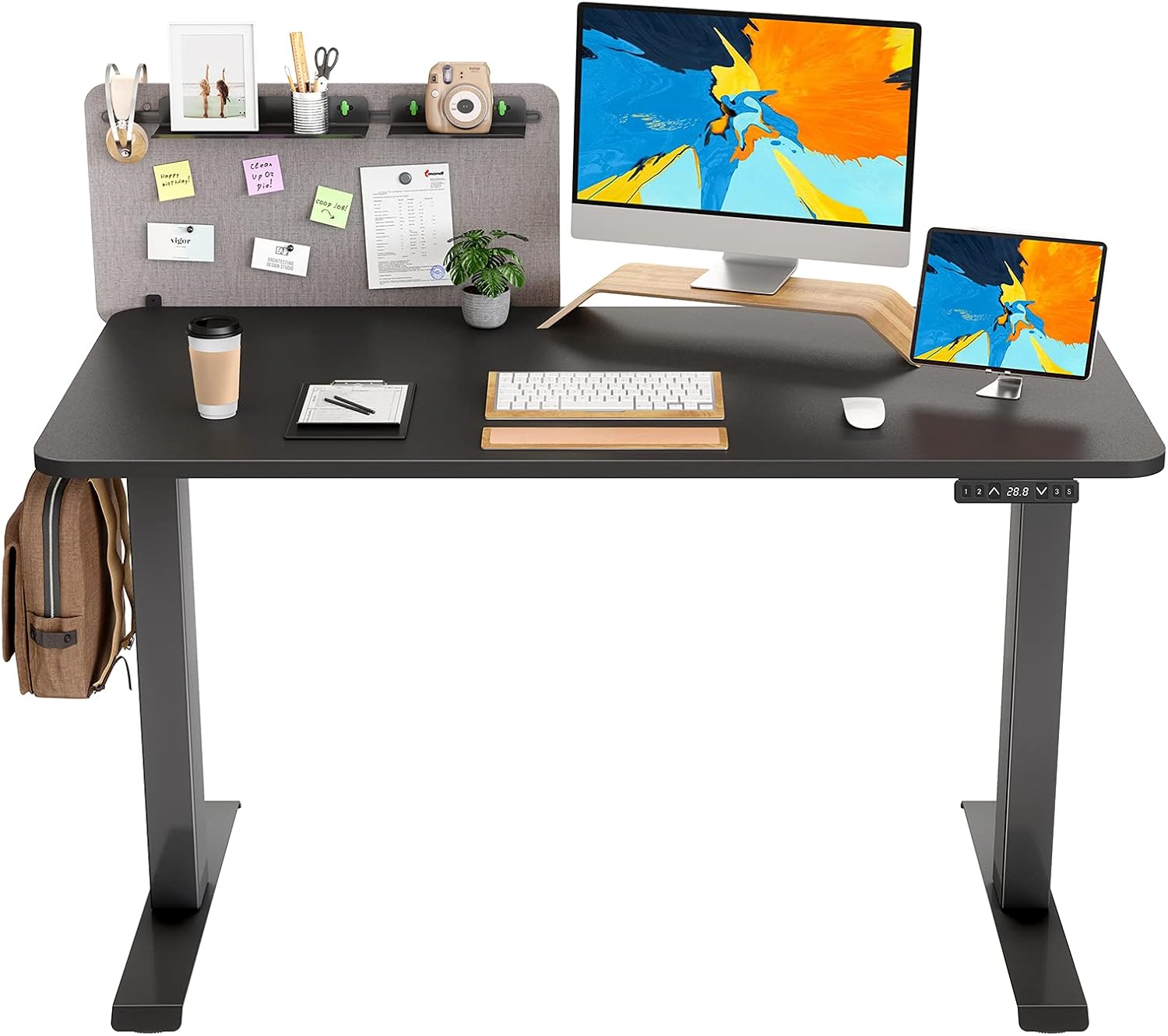 FAMISKY Dual Motor Adjustable Height Standing Desk, Electric Sit Stand Desk with Screen Panel, 55 x 24 Inches Stand up Desk, Home Office Desk with Rubberwood Top and Black Frame