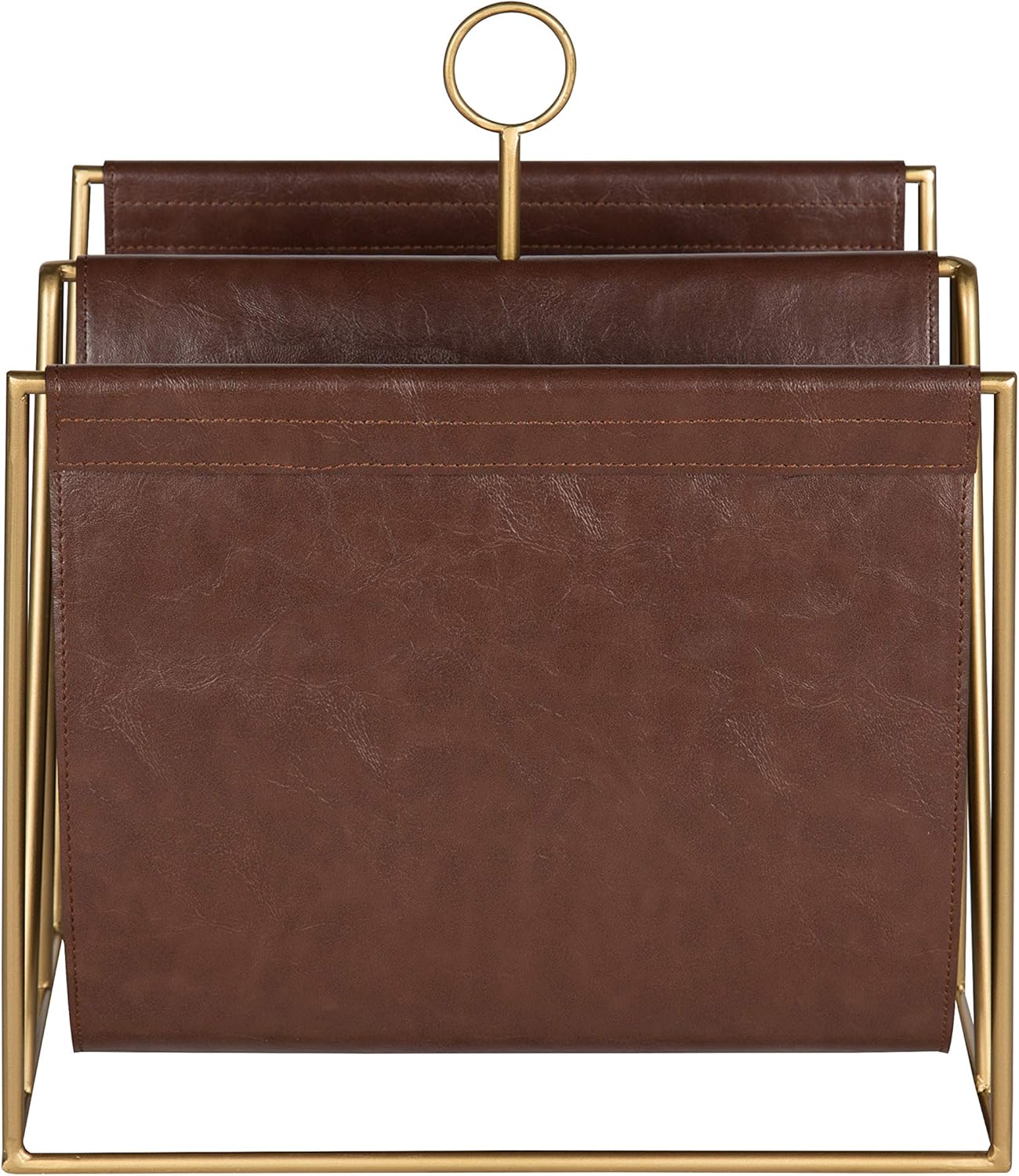 Kate and Laurel Alton Metal and Faux Leather Magazine File Holder, Brown and Gold Pack of 2