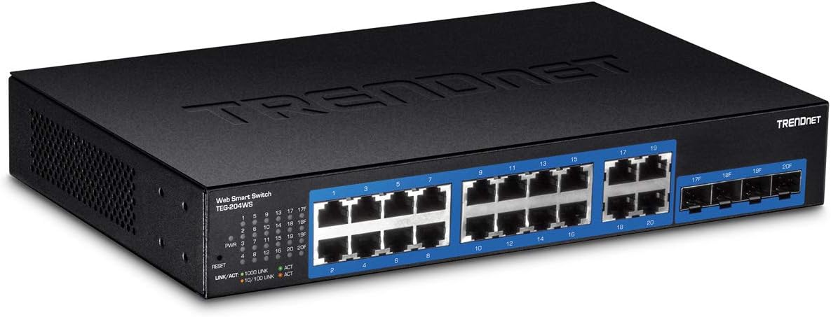 TRENDnet 28-Port Gigabit Web Smart Switch, 24 x Gigabit Ports, 4 x Shared Gigabit Ports (RJ-45/SFP), VLAN, QoS, LACP, IPv6, 56Gbps Switching Capacity, Lifetime Protection, TEG-284WS,Black