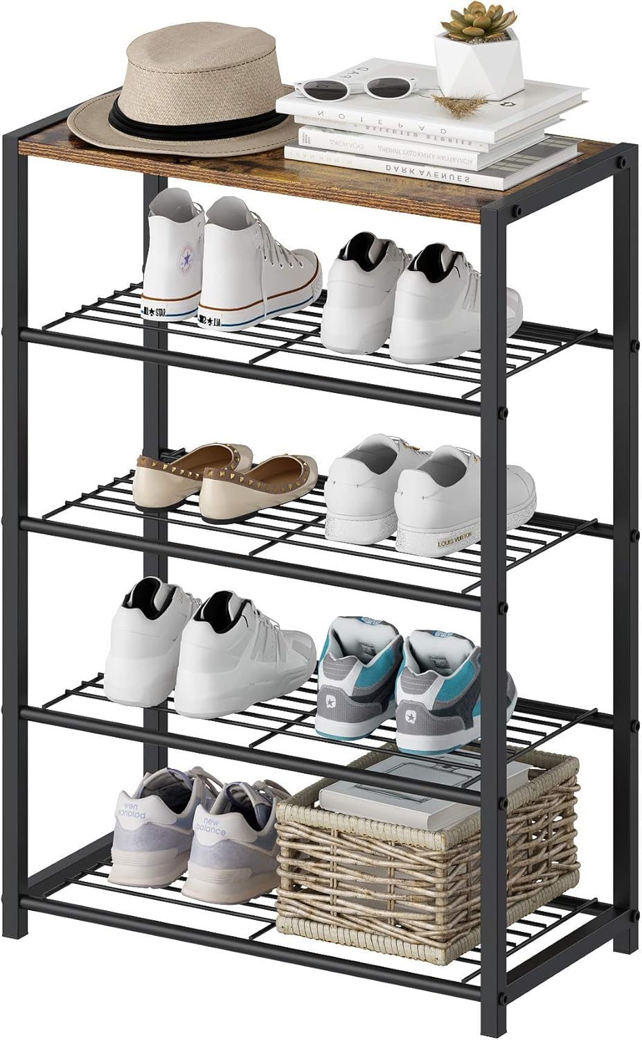 Yusong 4-Tier Shoe Rack for Entryway, Metal Shoe Storage Shelf with MDF Top Board,Modern Shoe Organizer Shoe Tower with 3 Mesh Shelves,Each Tier Fits 3 Pairs of Shoes,Rustic Brown