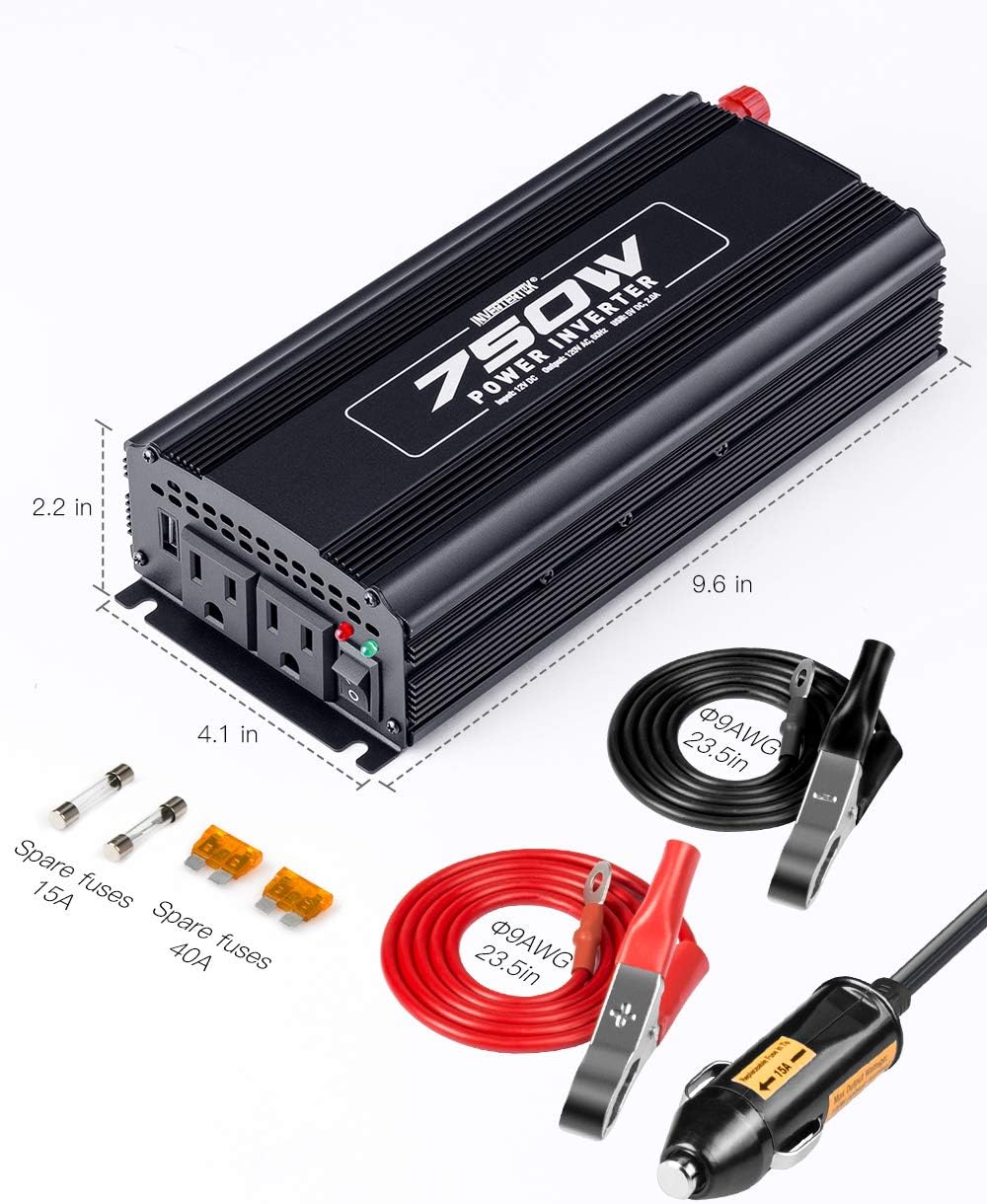 INVERTERTEK 750W Power Inverter DC 12V to 110V AC Car Adapter with 2A USB Charger and 2 AC Outlets Pack of 2