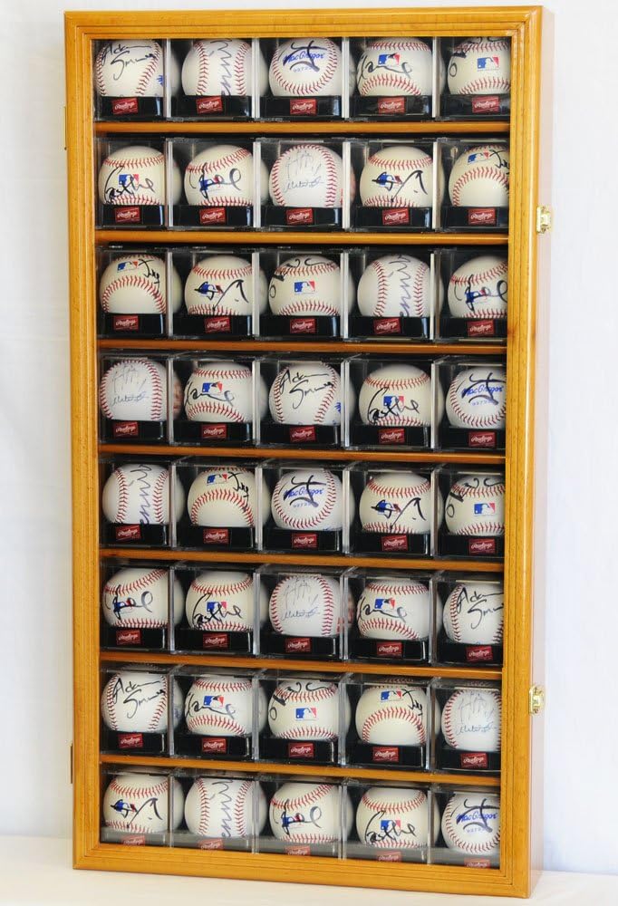 40 Baseball Arcylic Cubes Display Case Cabinet Holders Rack w/UV Protection, Oak