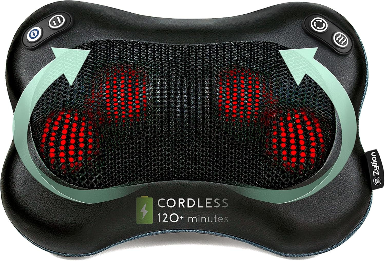 Zyllion Shiatsu Back and Neck Massager - Cordless Rechargeable 3D Kneading Deep Tissue Massage Pillow with Heat, Rotation and 2 Speed Levels for Muscle Pain Relief - Black (ZMA-34RB-BK)