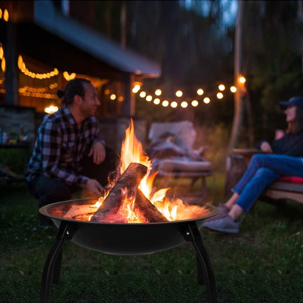 22&rdquo; Fire Pit,Outdoor Wood Burning Steel BBQ Backyard with Cooking Grill,Four - Legged Folding Iron Brazier Fire Pit Bowl Set,Round Spark Screen,for Camping Picnic,Garden,Beaches,Park,Bonfire