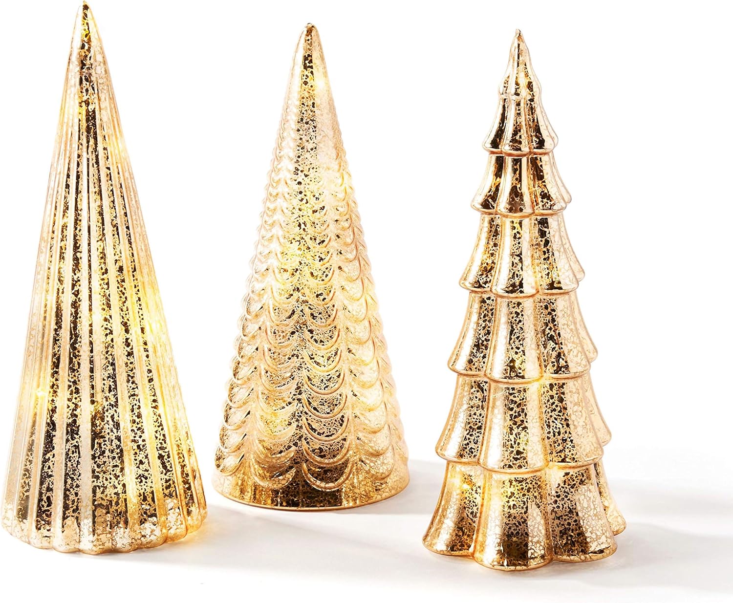 Mercury Glass Christmas Tree Decoration - Set of 3 Assorted Trees with Fairy Lights, 10 Inch Tall, Champagne Gold, Batteries Included, Holiday Table Centerpiece or Mantle Decor Pack of 2