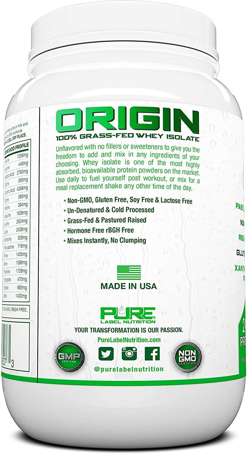 Pure Label Nutrition 100% Grass-Fed Whey Protein Isolate, 2lb Unflavored, No Fat, No Lactose, Micro-Filtered, Cold Processed, GMO Free, rBGH Free, Soy Free, Gluten Free, Zero Carbs and No Sugar Added Pack of 2