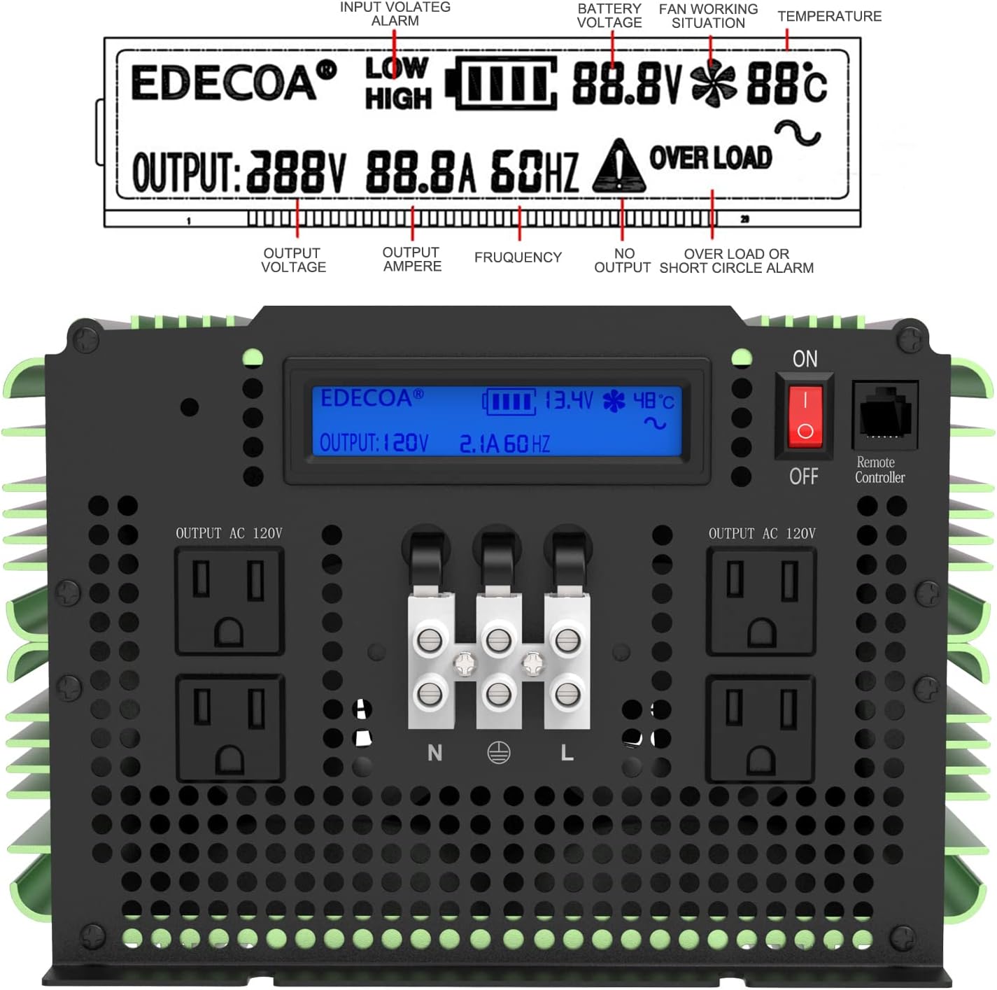 EDECOA 3500 Watts Pure Sine Wave Power Inverter DC 12V to 120V 110V AC with LCD AC Terminal Block with LCD Display and Remote Controller