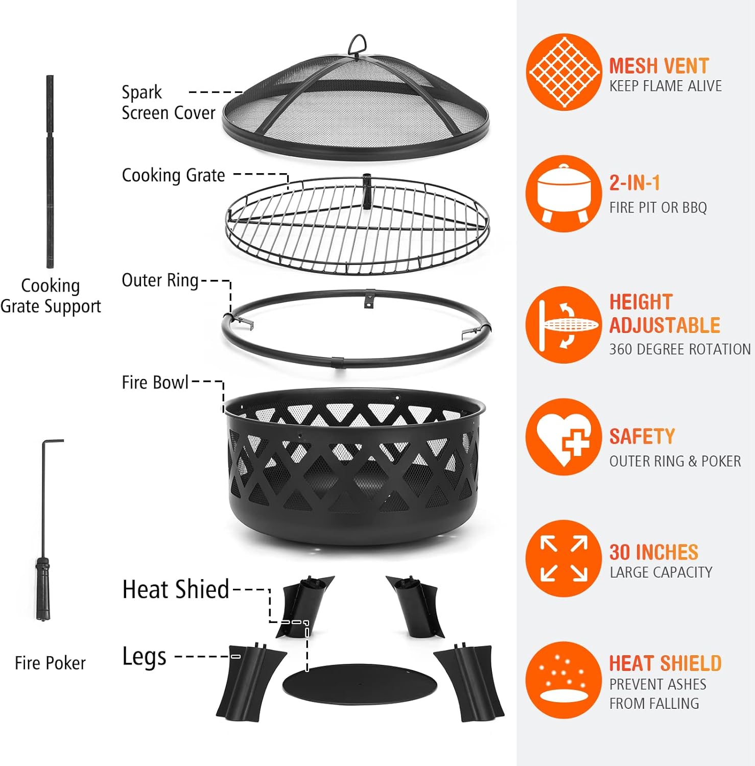 SINGLYFIRE 30 Inch Fire Pits for Outside with Grill Outdoor Wood Burning Firepit Large Steel Firepit Bowl for Patio Backyard Picnic Garden with Swivel BBQ Grill, Ash Plate,Spark Screen, Poker