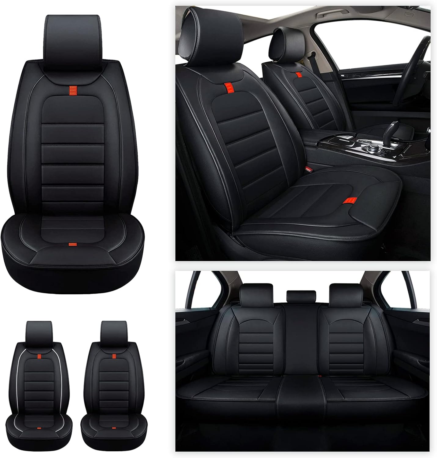 Sojoy Padded Car Seat Covers Full Set- Front and Rear Seat Cushions Four Seasons Waterproof Faux Leather Fits for Most Sedan Truck Pickup Hatchback SUV (Black with White Trim)