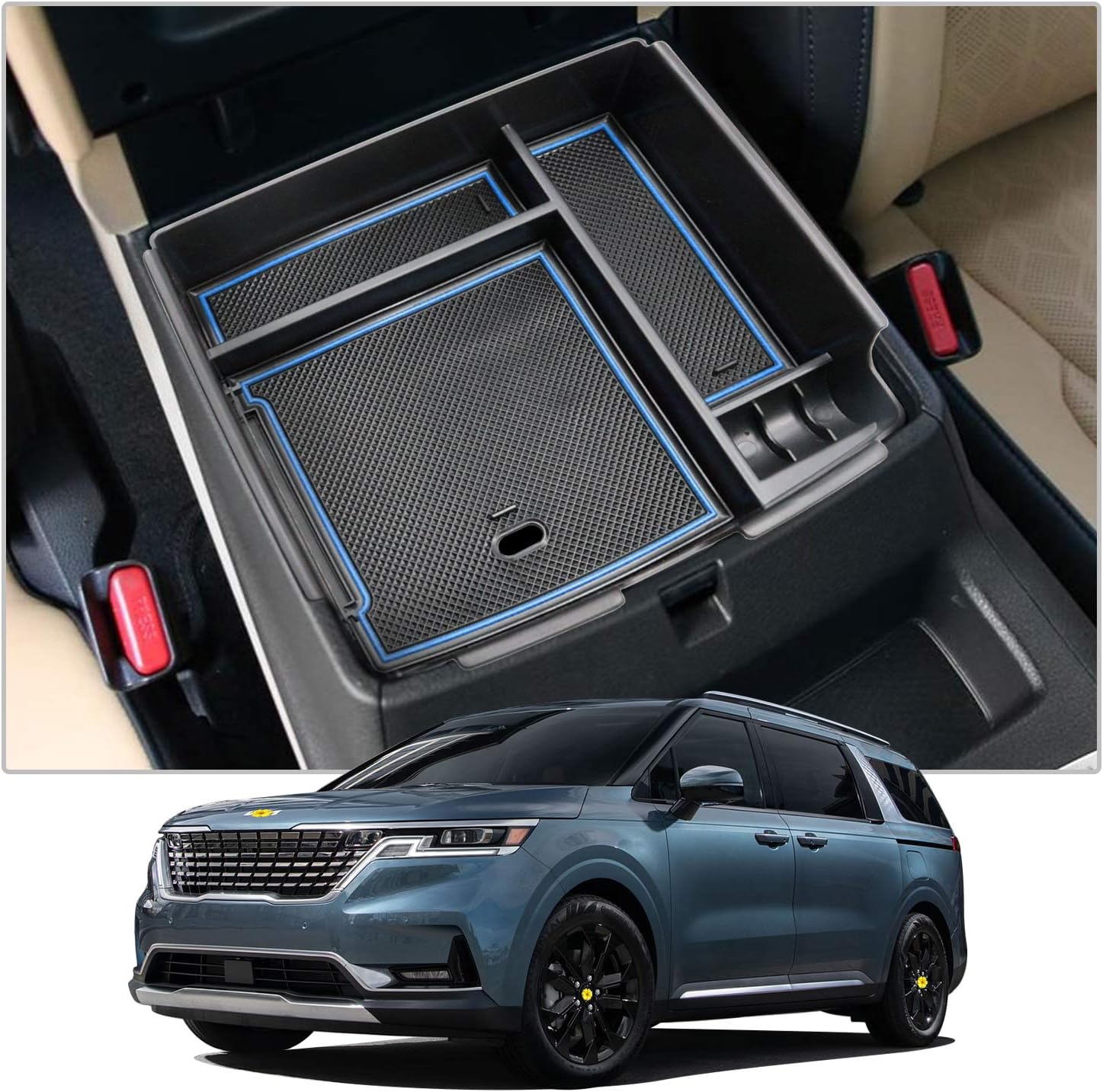 CDEFG Console Organizer Tray for 2022 Kia Carnival KA4: Center Console Insert ABS Black Material Armrest Secondary Storage Box Compatible with 2022 Carnival KA4 MPV Interior Accessories (White Trim)