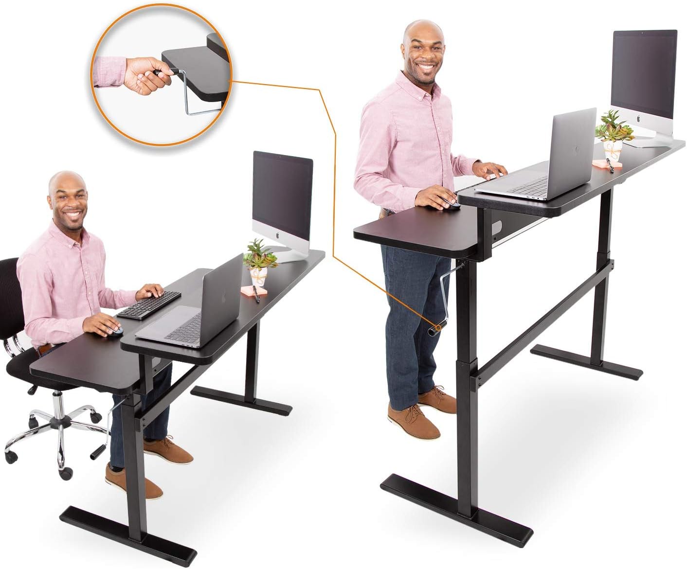 Stand Steady Tranzendesk | 55 Inch Dual Level Standing Desk | Easy Crank Height Adjustable Sit to Stand Desk | Stand Up Workstation with Monitor Riser | Great for Home & Office (55/Black)