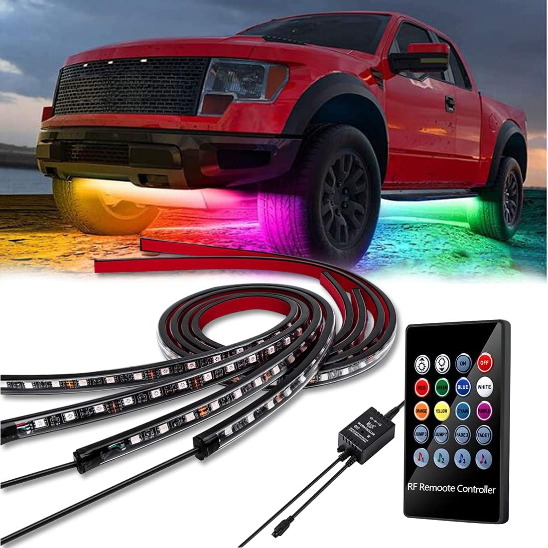 LEDKITO Car Underglow Lights 4PCS Wireless Remote Control Exterior Kit LED Strip Lights for Cars Underbody with 12V RGB Atmosphere Neon Accent Lights Multicolor Lighting Kit Sound Active