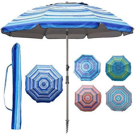 Blissun 7.2' Portable Beach Umbrella with Sand ANCHOR, Tilt Pole, Carry Bag, Air Vent (Blue and White)
