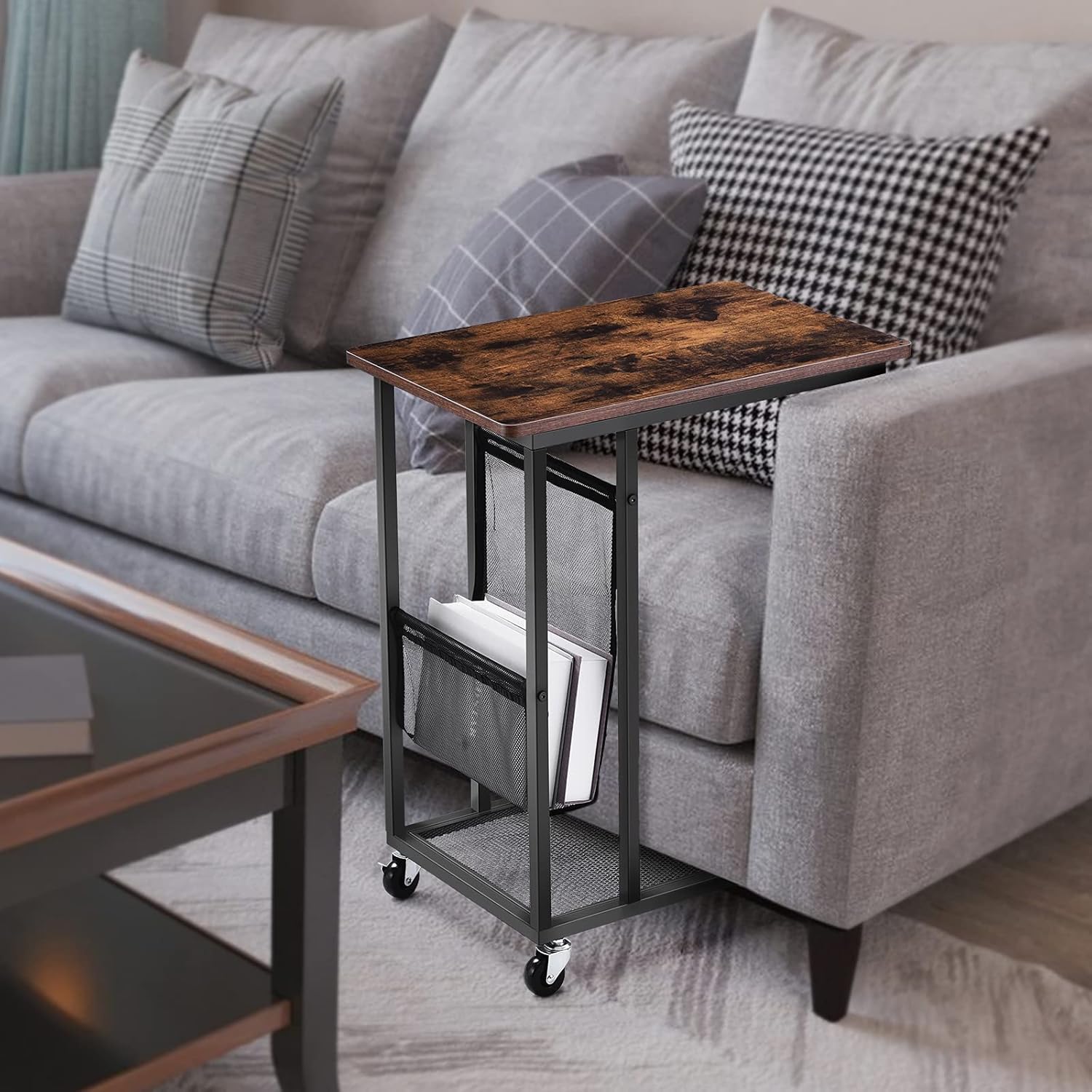 Living Room C Shaped End Table, with Pulley and Adjustable Feet Couch Side Table, Couch Drink Table, Easy Assembly of Metal Frame Tray Tables Pack of 2