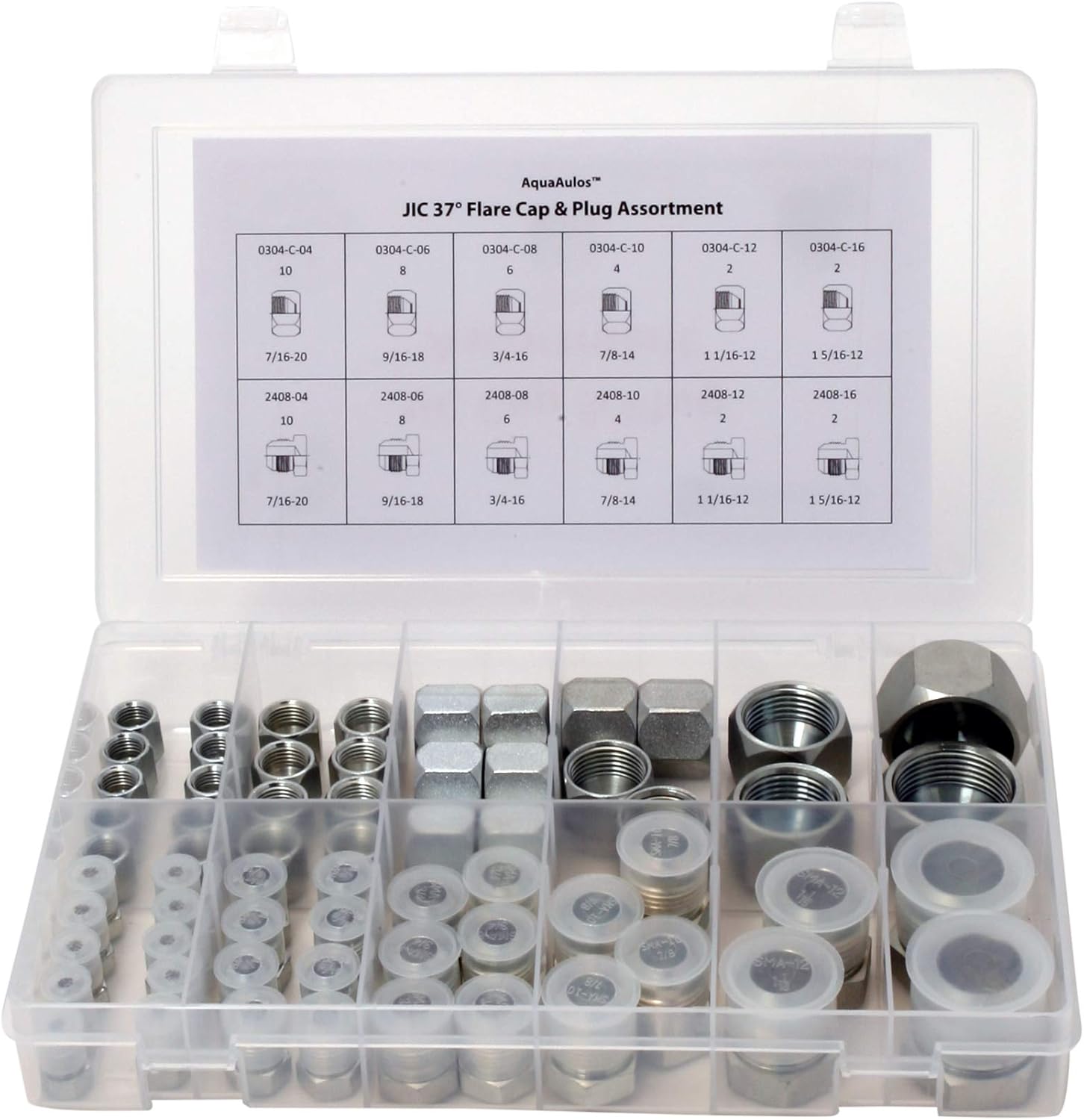 64 Pcs. JIC 37° Flare Thread Cap & Plug Assortment Kit, High Quality Galvanized Steel with Precision Threading Hydraulic Adapter AN Fitting Set, Dash Sizes 04 06 08 10 12 16 Pack of 2