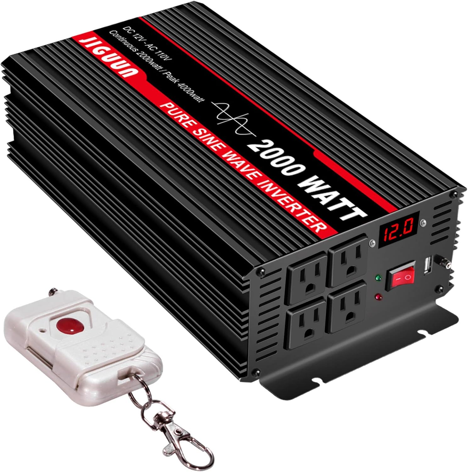 JIGUUN 2000 Watt Pure Sine Wave Inverter, Power Converter 12V DC to 110V/120V AC, Car Inverter with 4 AC Outlets&USB Port 170ft Wireless Remote Control for RV CPAP Camping-Peak 4000 Watt(2000W-12V)