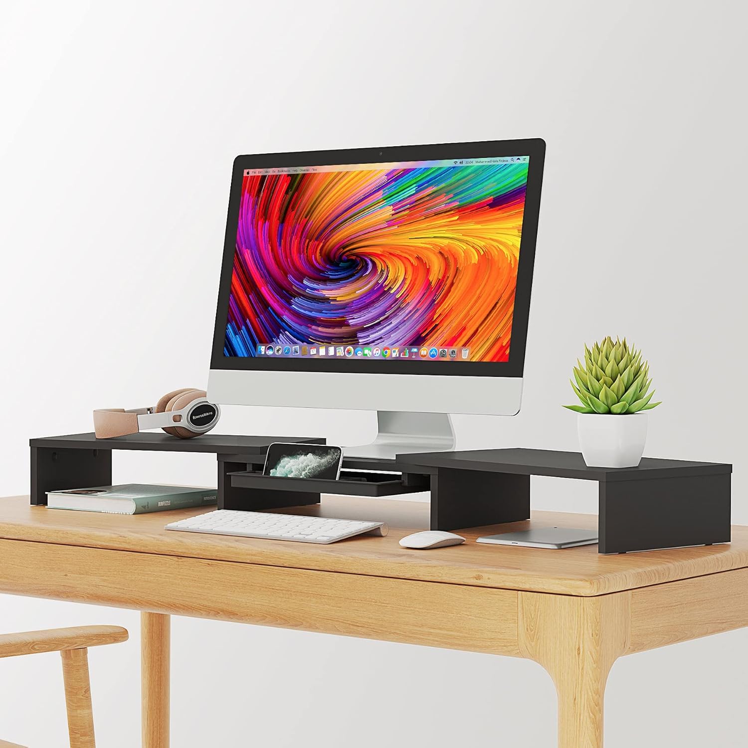 FITUEYES Dual Monitor Stand &ndash; 3 Shelf Computer Monitor Riser, Wood Desktop Stand with Adjustable Length and Angle, Desk Accessories, Office Supplies Medium Black, with Storage Drawer