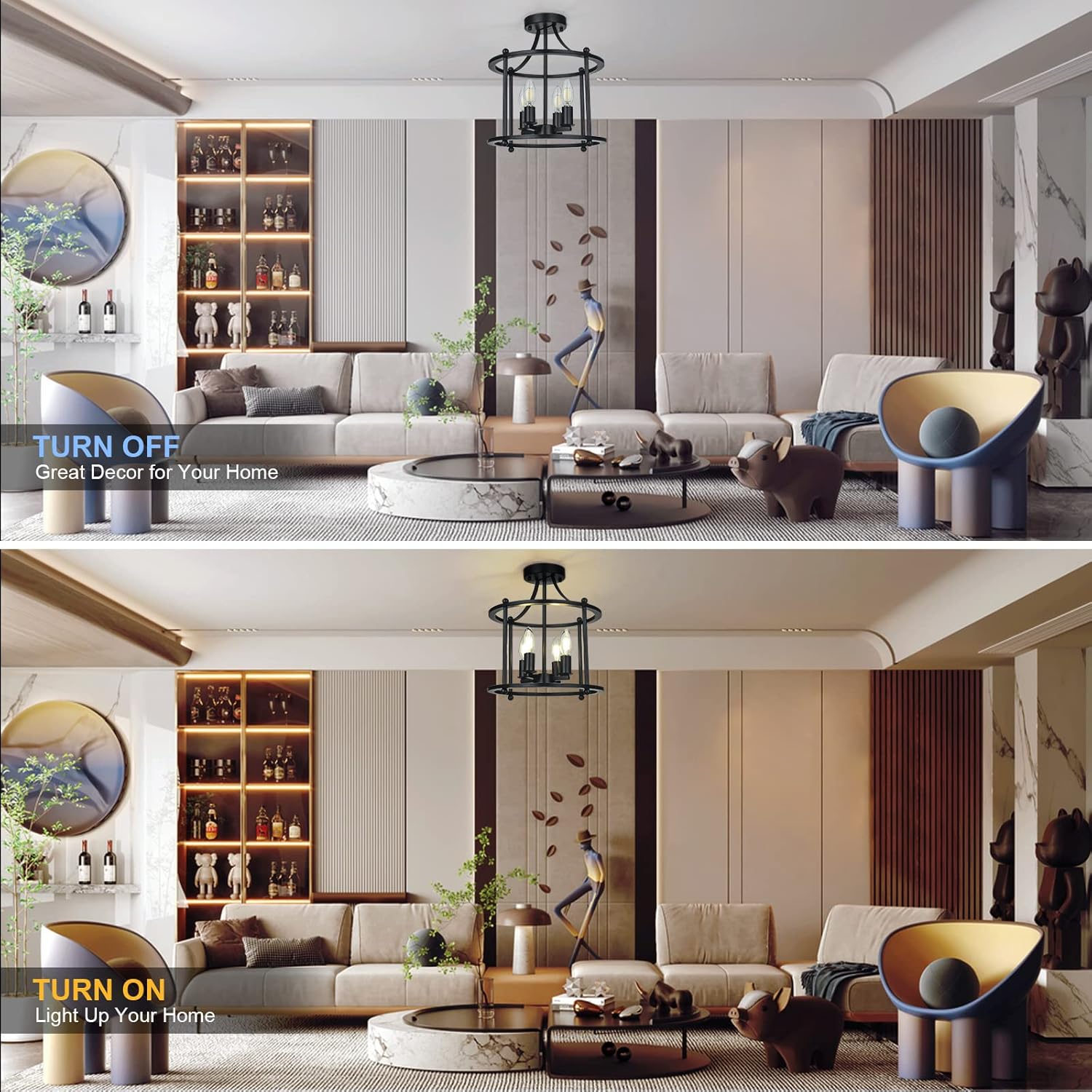 Farmhouse Semi Flush Mount Ceiling Light Fixture，Industrial Metal Ceiling Light Matte Black，Rustic Vintage Chandelier Lighting for Kitchen Dining Room，Hallway，Bedroom，Entryway，Living Room