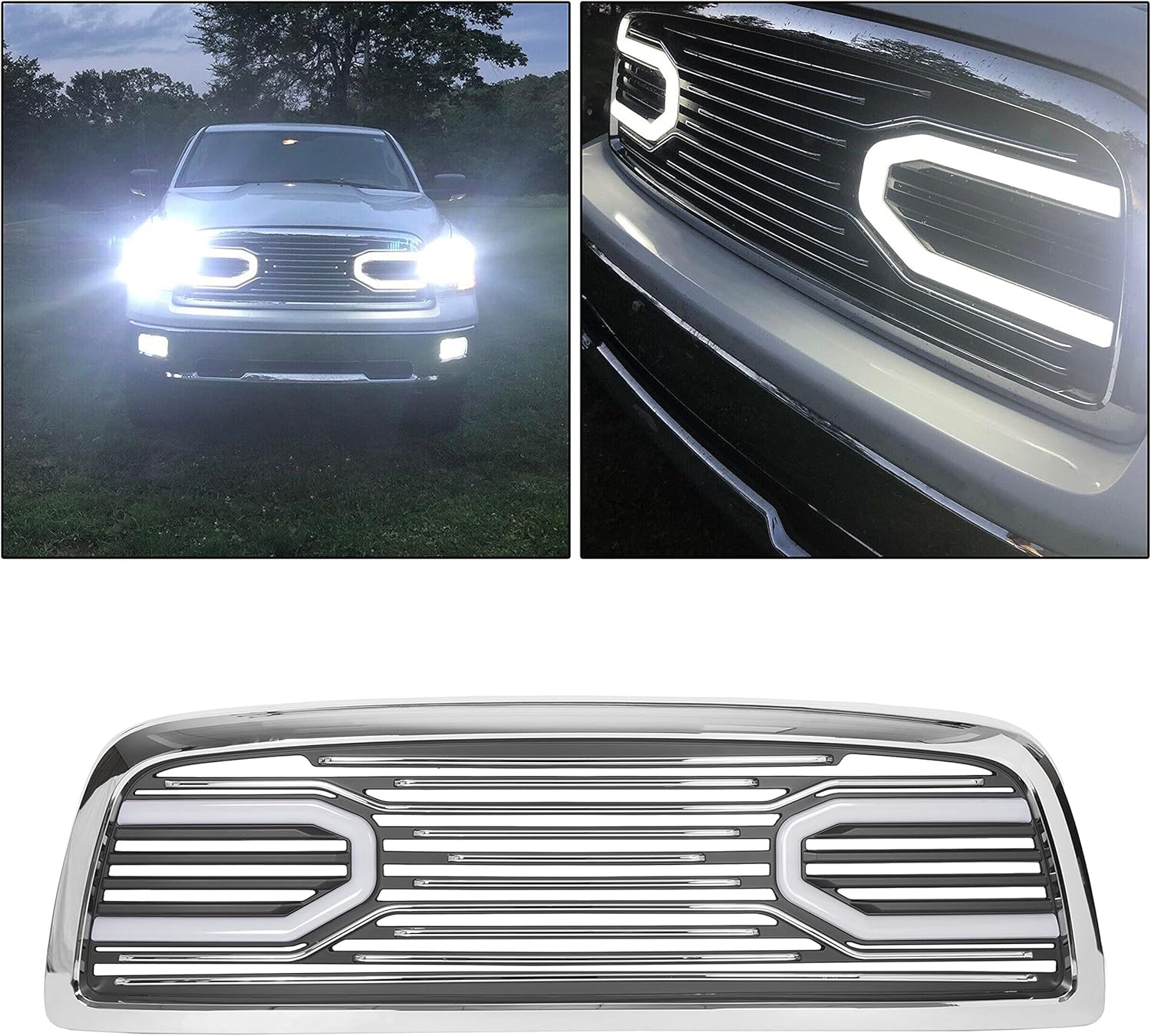 ECOTRIC Front Hood Bumper Grille Replacement Shell Compatible with 2009-2012 Dodge Ram 1500 (Black, W/ Light)