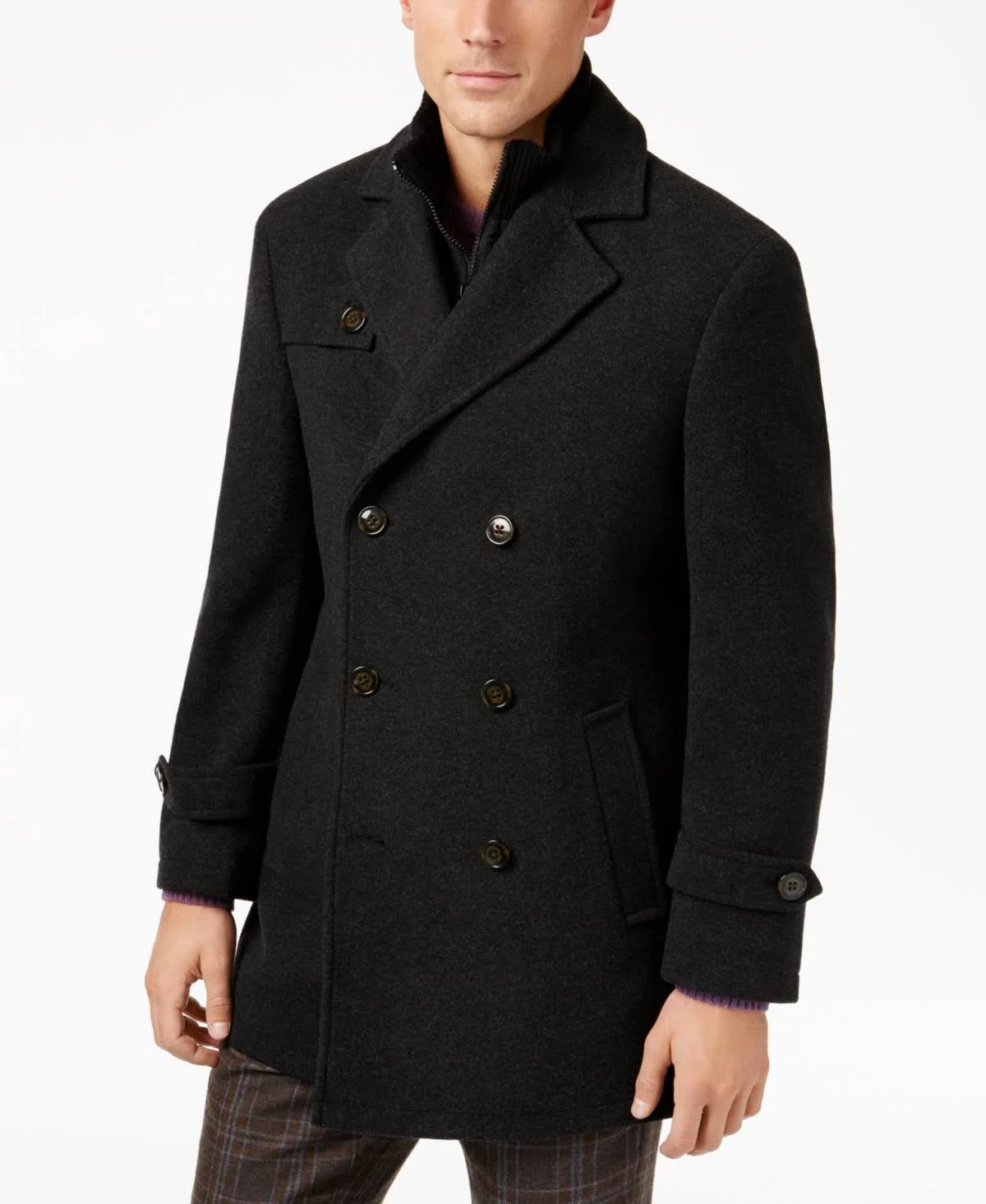 Lauren Ralph Lauren Labrada Double-Breasted Wool-Blend Peacoat with Knit Bib Insert - Charcoal