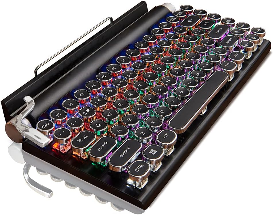 Retro Typewriter Keyboard, 7KEYS Electric Typewriter Vintage with Upgraded Mechanical Bluetooth 5.0,Multi Devices Connection Classical Wooden,Punk Round Keys for Desktop PC/Laptop Mac/Phone