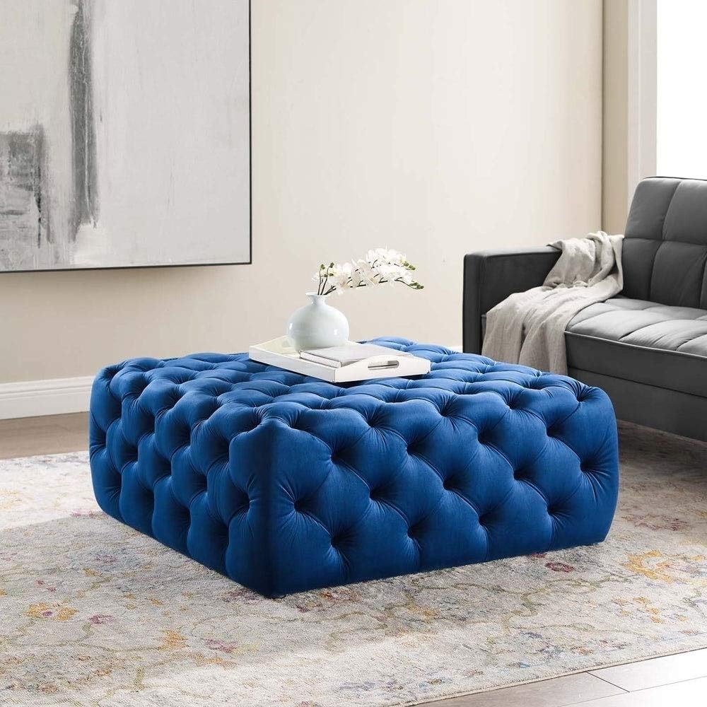 HNU Luxurious Mid-Century Modern Deep Button Tufted Large Square Performance Velvet Ottoman, Glam Footrest Stool Accent Furniture, Stain Resistant Durable Seating, Perfect for Living Room | Navy