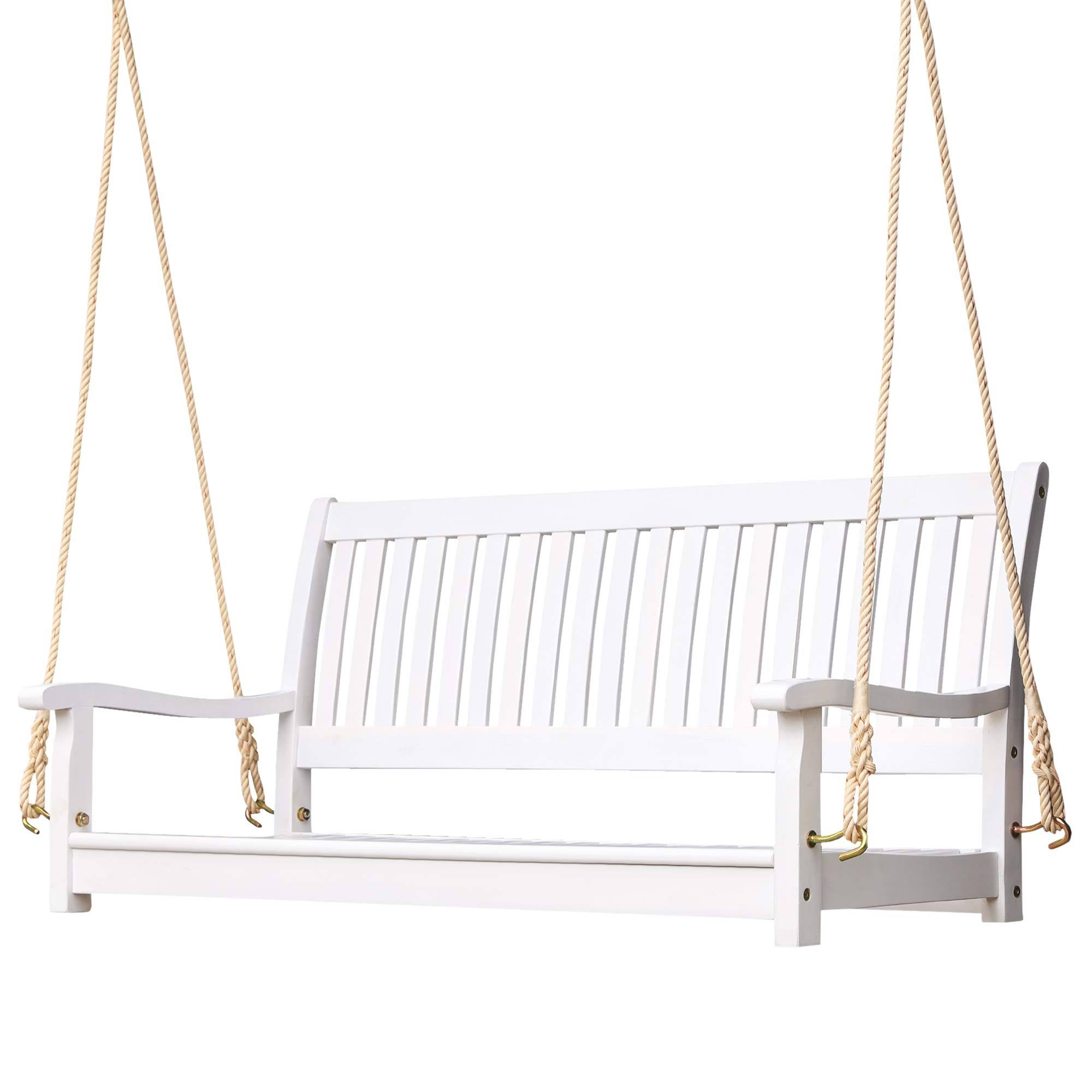 Outsunny 48'' 2-Seater Outdoor Patio Wooden Swing Bench w/Chains, Slatted Design, 700 lb Weight Capacity, White