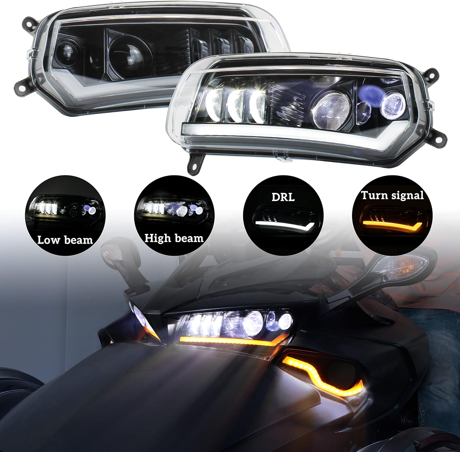 LDETXY LED Headlight Assembly for Can-Am Spyder F3, LED Head Lamps Front Lights with DRL Turn Signal Lights for Can Am Spyder F3 All Models Accessories (2PCS)