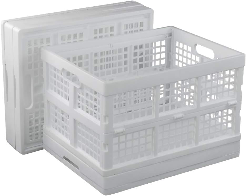 Sosody 34 L Large Collapsible Plastic Storage Crates, Folding Storage Baskets Stackable, White, 4 Packs Pack of 2