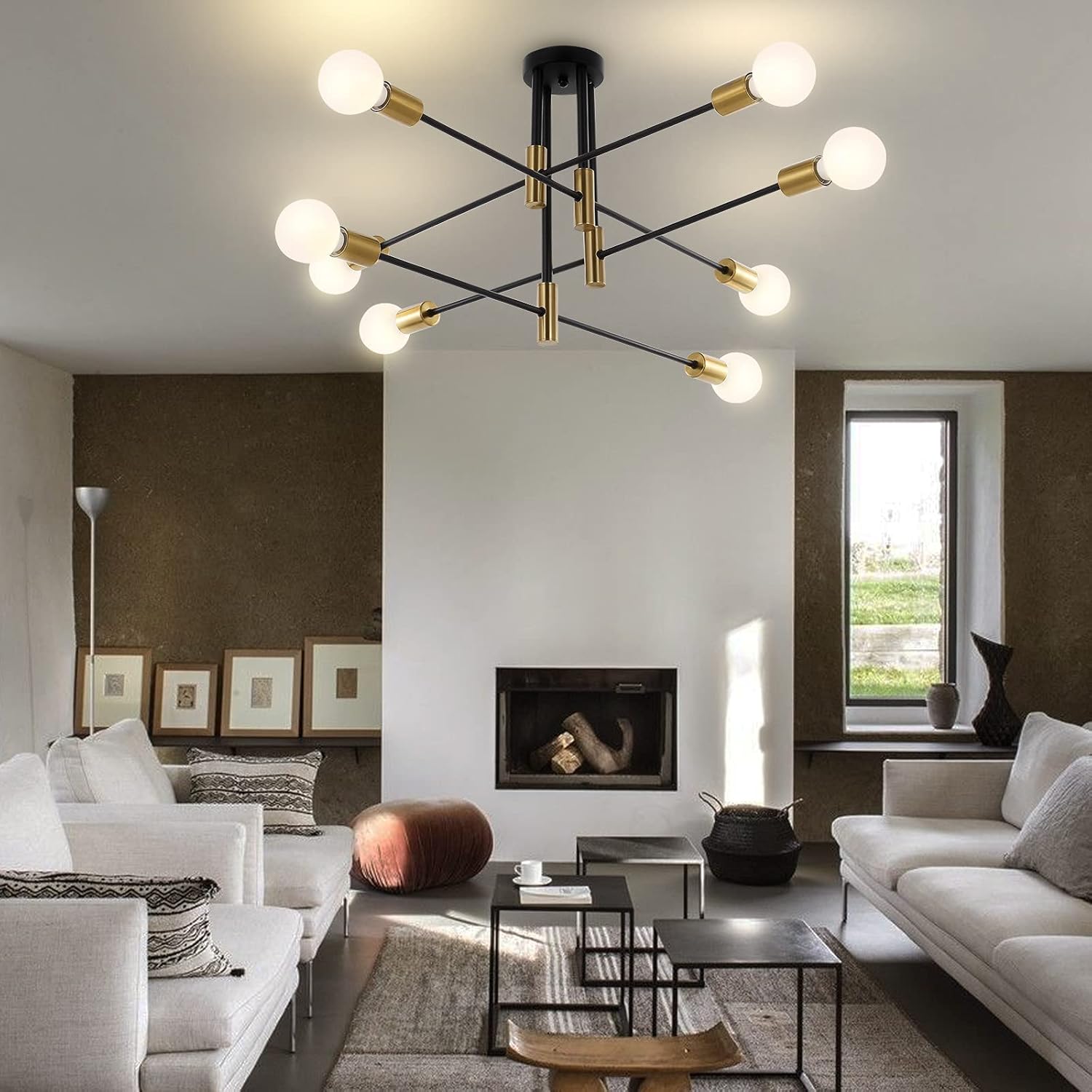 Minyuco Semi Flush Mount Ceiling Light Fixture 8-Light Sputnik Chandeliers Mid Century Modern Chandelier Black and Gold Farmhouse Vintage E26 Pendant Lamp for Foyer,Dining Room,Kitchen,Bedroom