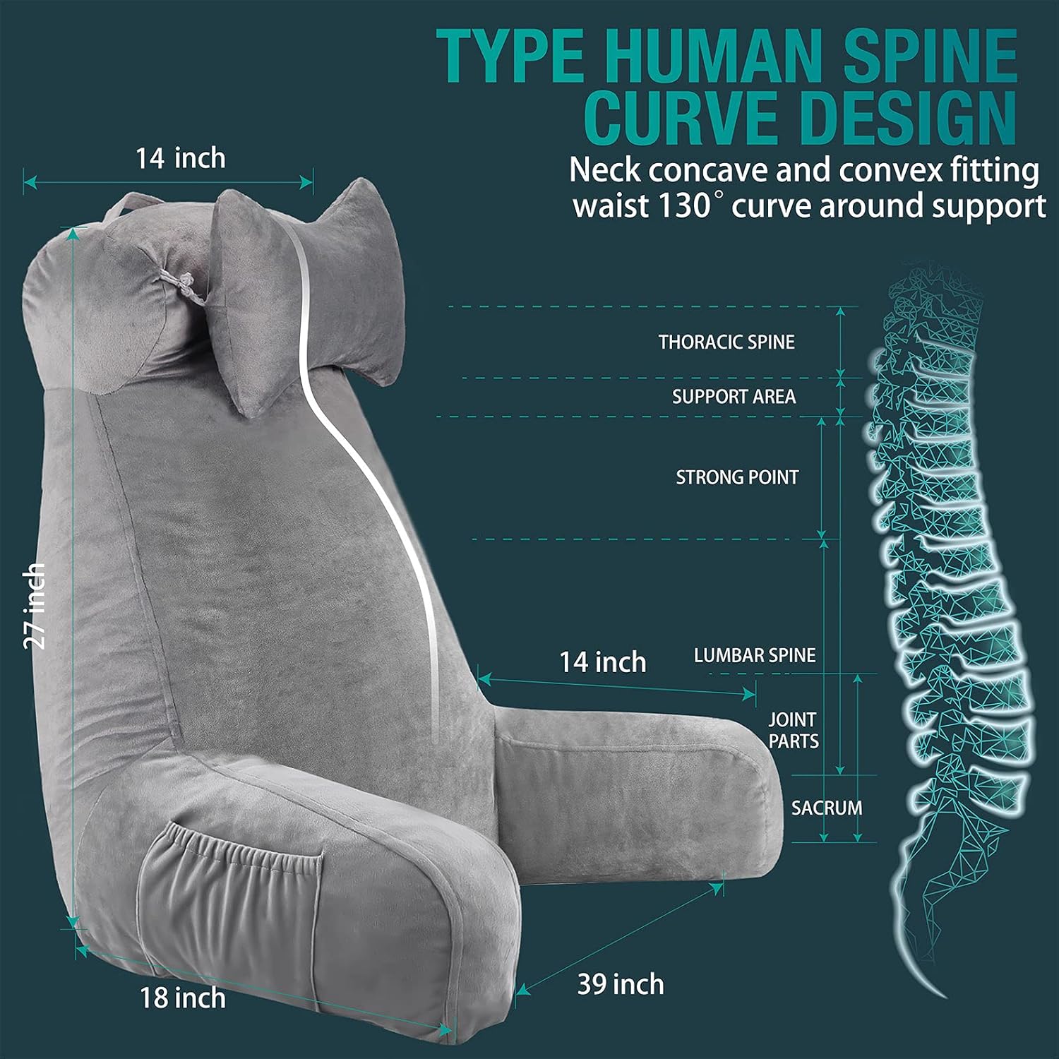 Vekkia Bed Rest Reading & Neck Pillow, Bonus Multifunction Detachable Pillow, Ergonomic Design. Perfect Back Support for Adults Reading/Watching TV/Sitting in Bed - Extra Foams Incl. Extra Large- 27'