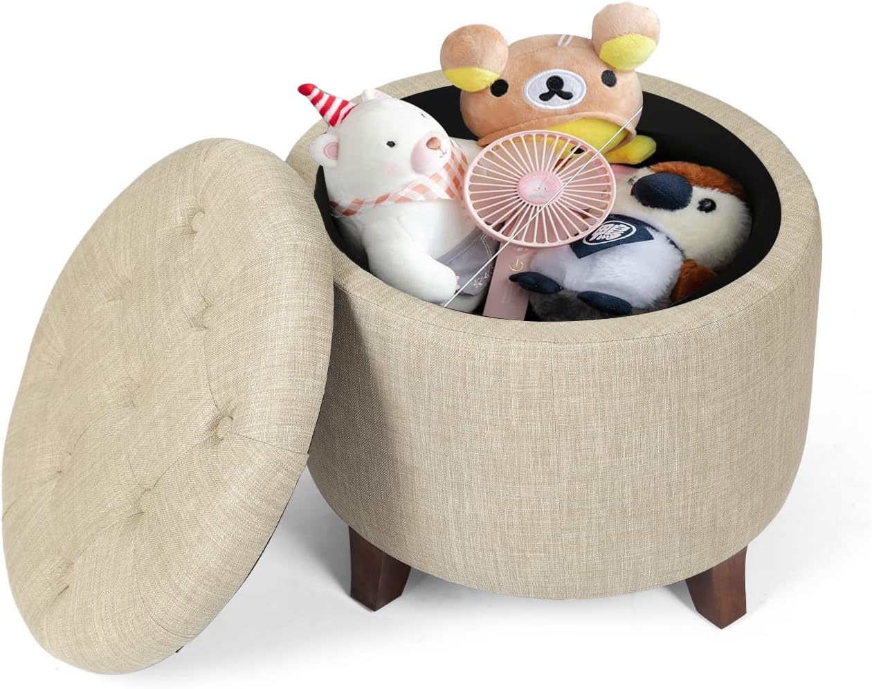 Deco De Ville Round Footstool Storage Ottoman, Button Tufted Velvet Ottoman with Removable Lid, 20