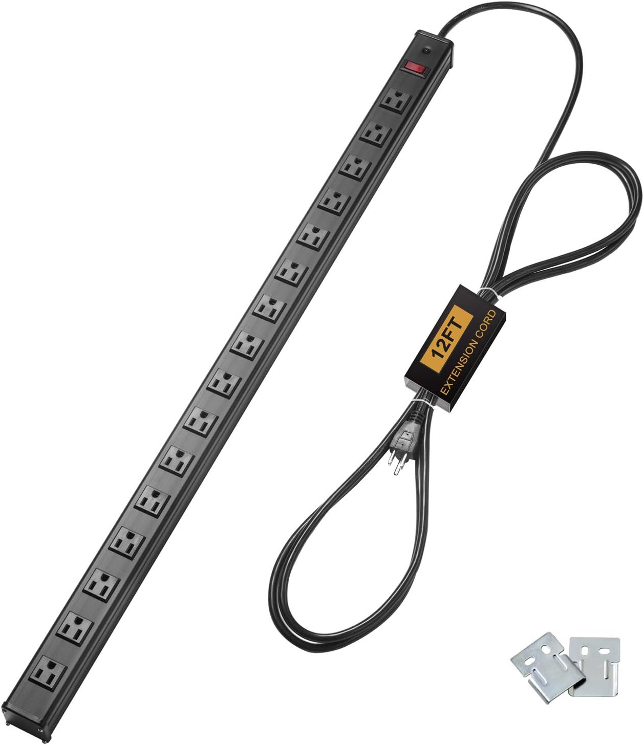 BESTTEN 16 Wide-Spaced Outlet 12Ft Extension Cord Metal Surge Protector Long Power Strip, 15A Switch with Circuit Breaker, ETL Listed, Black Pack of 2