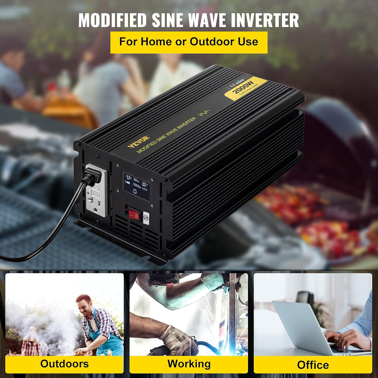 VEVOR Power Inverter, 2000W Modified Sine Wave Inverter, DC 12V to AC 120V Car Converter, with LCD Display, Remote Controller, LED Indicator, GFCI Outlets Inverter for Truck RV Car Boat Travel Camping