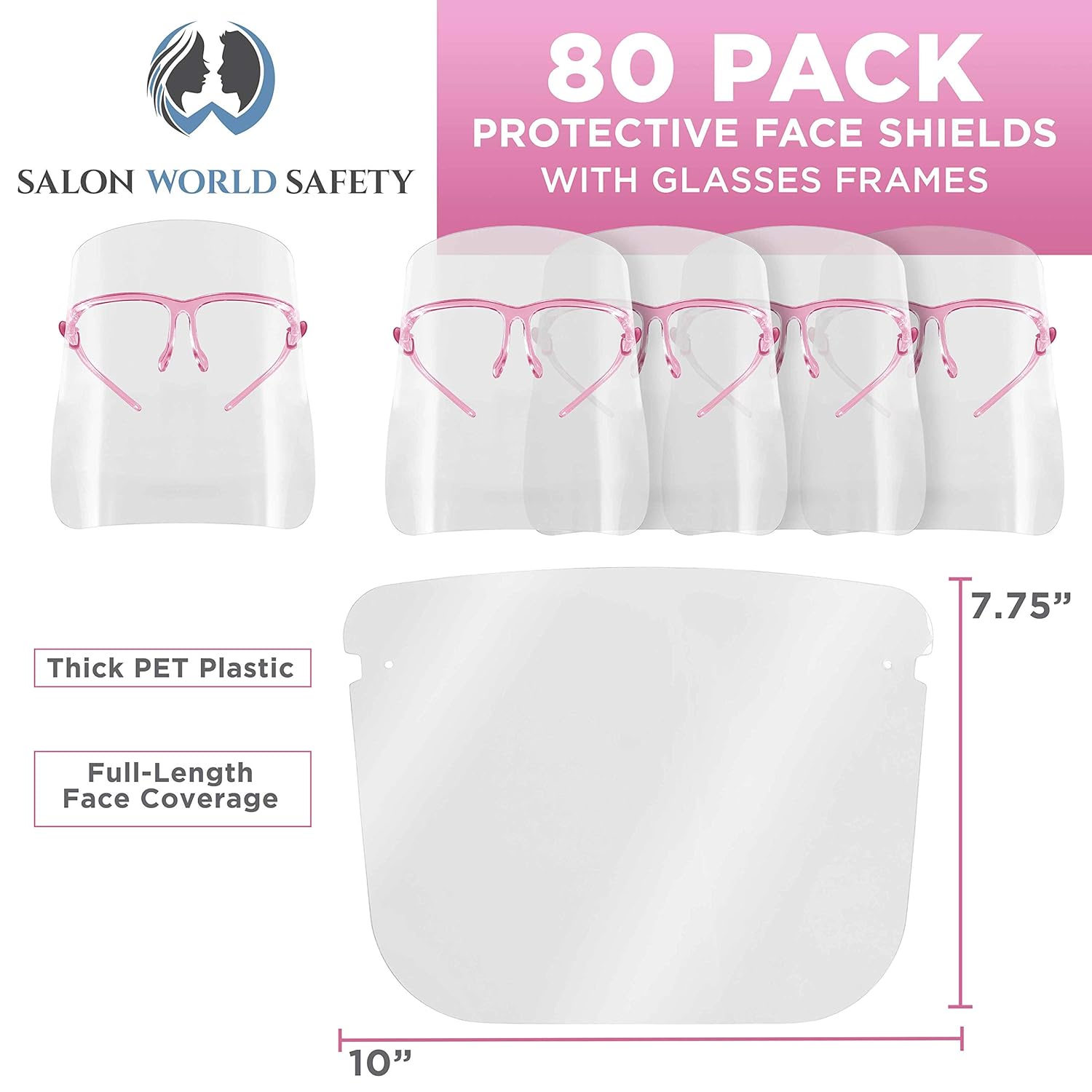 TCP Global Salon World Safety Face Shields with Pink Glasses Frames (Case of 80) - Ultra Clear Protective Full Face Shields to Protect Eyes, Nose, Mouth - Anti-Fog PET Plastic, Goggles