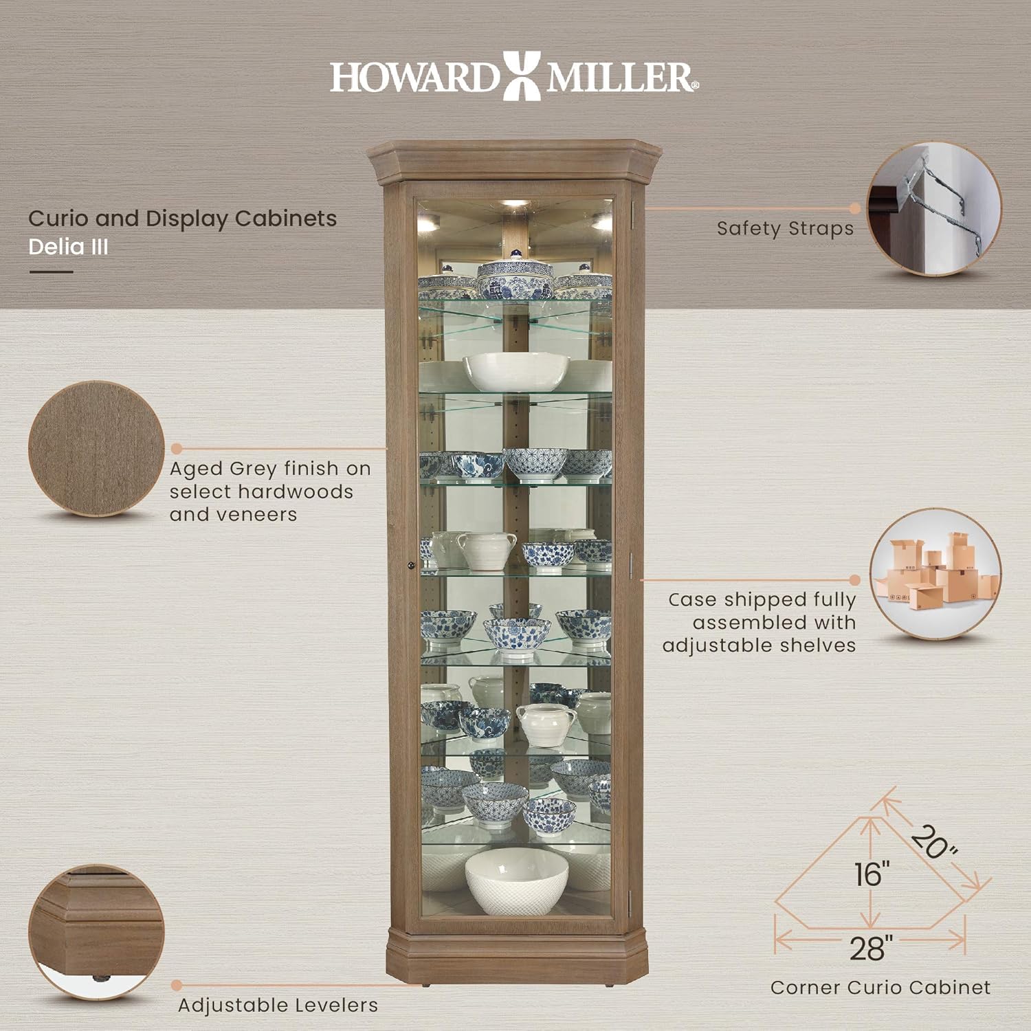 Howard Miller Delia III Curio Cabinet 680-643 &ndash; Aged Grey Finish, Vertical Home Decor, Seven Glass Shelves, Eight Level Display Case, Locking Door, No Reach Light
