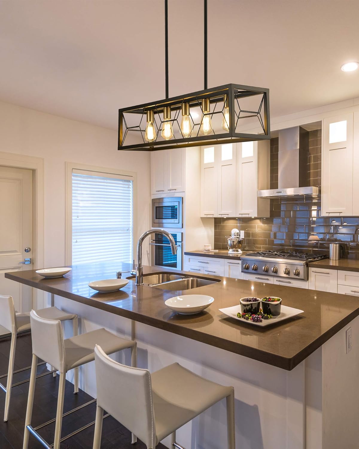 EAPUDUN 5-Light Kitchen Island Lighting, Modern Linear Pendant Light Fixture, Metal Farmhouse Chandeliers for Dinning Room Living Room, Matte Black Finish, PDA1273-MBK