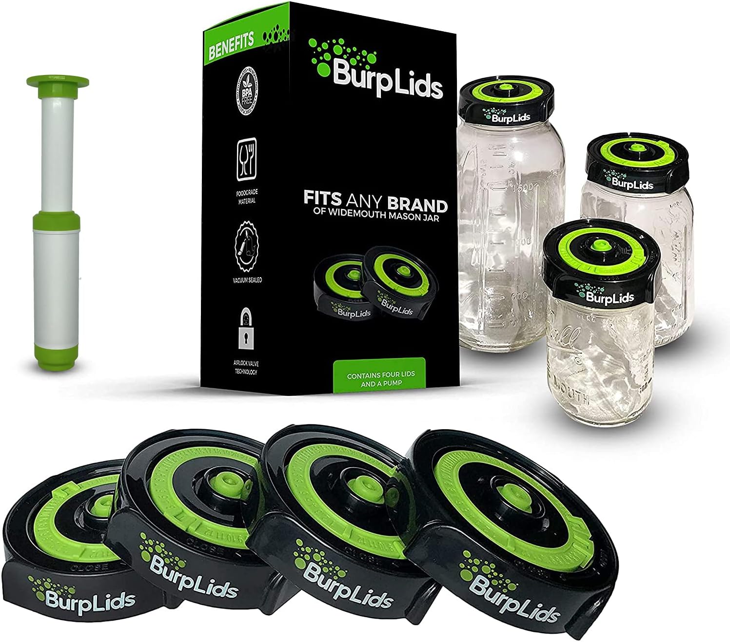 Burp Lids Curing Kit - Fits All Wide Mouth Mason Jar Containers - A Home Harvesting Essential. 4 lids + extraction pump. Vacuum sealed for successful cure.