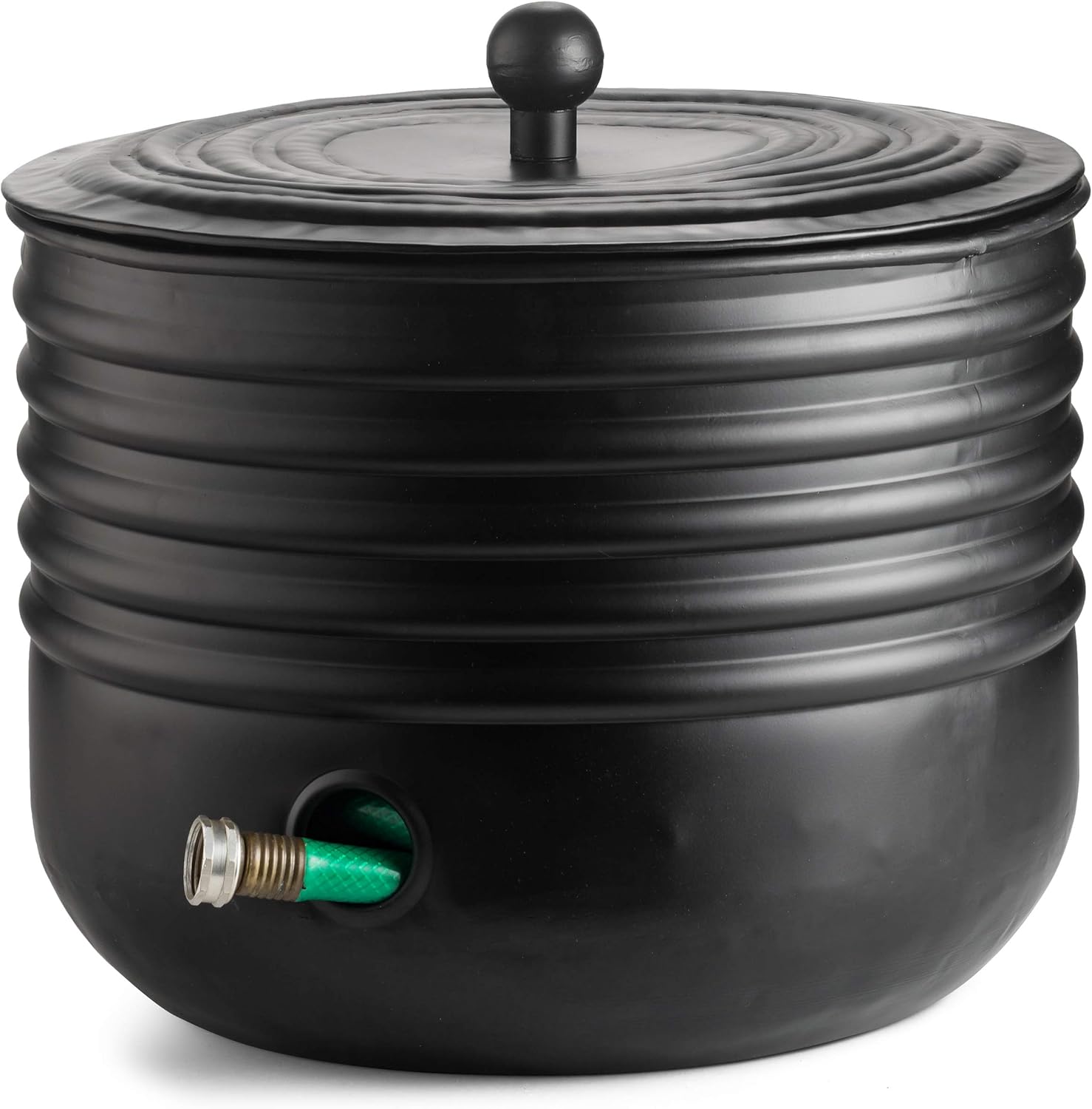LifeSmart Ribbed Steel Garden Hose Pot Holder with Lid Black 16 x 12 Inches